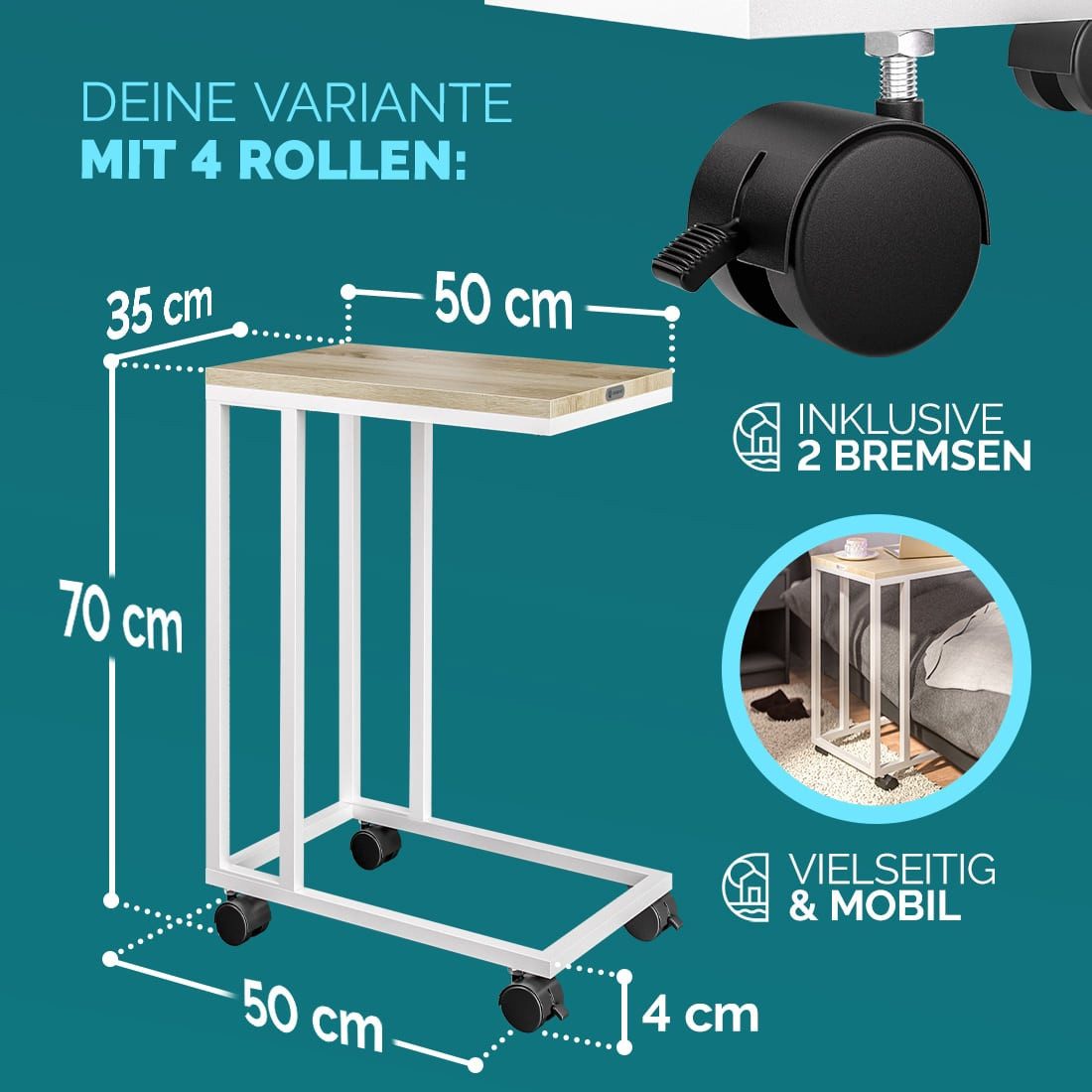 Casaria Beistelltisch, mit Rollen & Standfüßen 40kg Belastbar Kaffeetisch Wohnzimmer Stabil