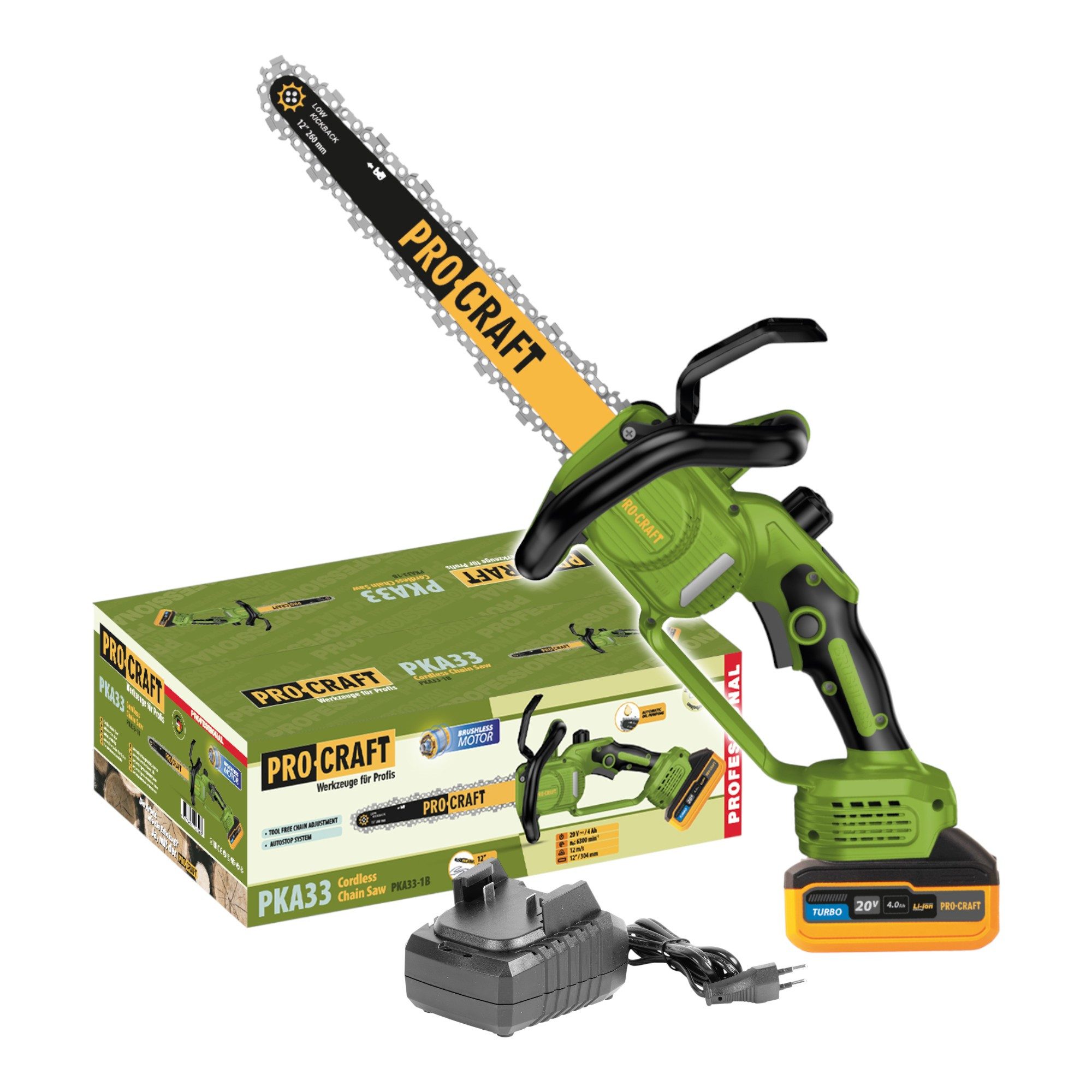 PRO CRAFT Akku-Kettensäge PKA33-1B Kettensäge 20 V 304 mm Brushless + 1x Akku 4,0 Ah + Ladegerät