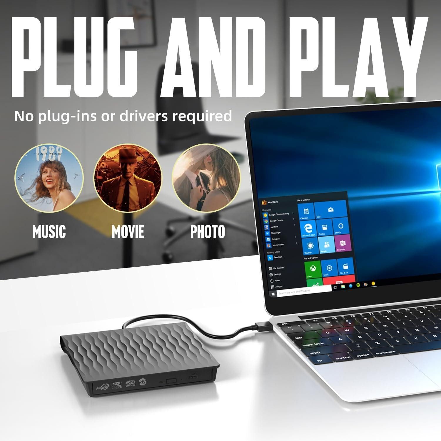 Toomoke External CD/DVD,Slim CD DVD RW Brenner,USB 3.0,DVD Player DVD-Brenner (DVD 8x/CD 24x,Type-C,tragbar Geeignet für Laptops und Desktop-Computer)