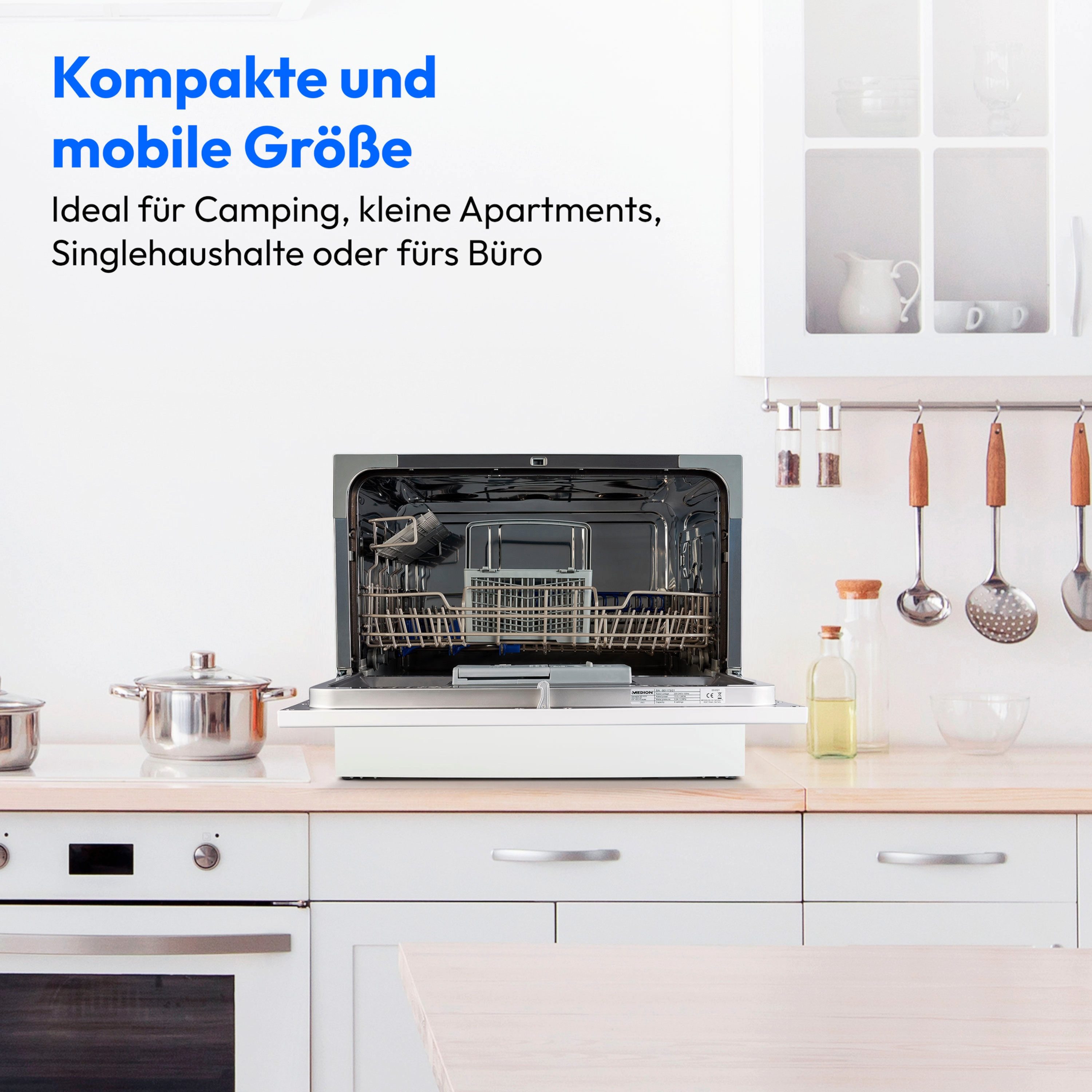 Medion® Tischgeschirrspüler MD37496, 6 Maßgedecke, mit/ohne Wasseranschluss, 7 Reinigungsprogramme, freistehend, weiß – Bild 5 von 5