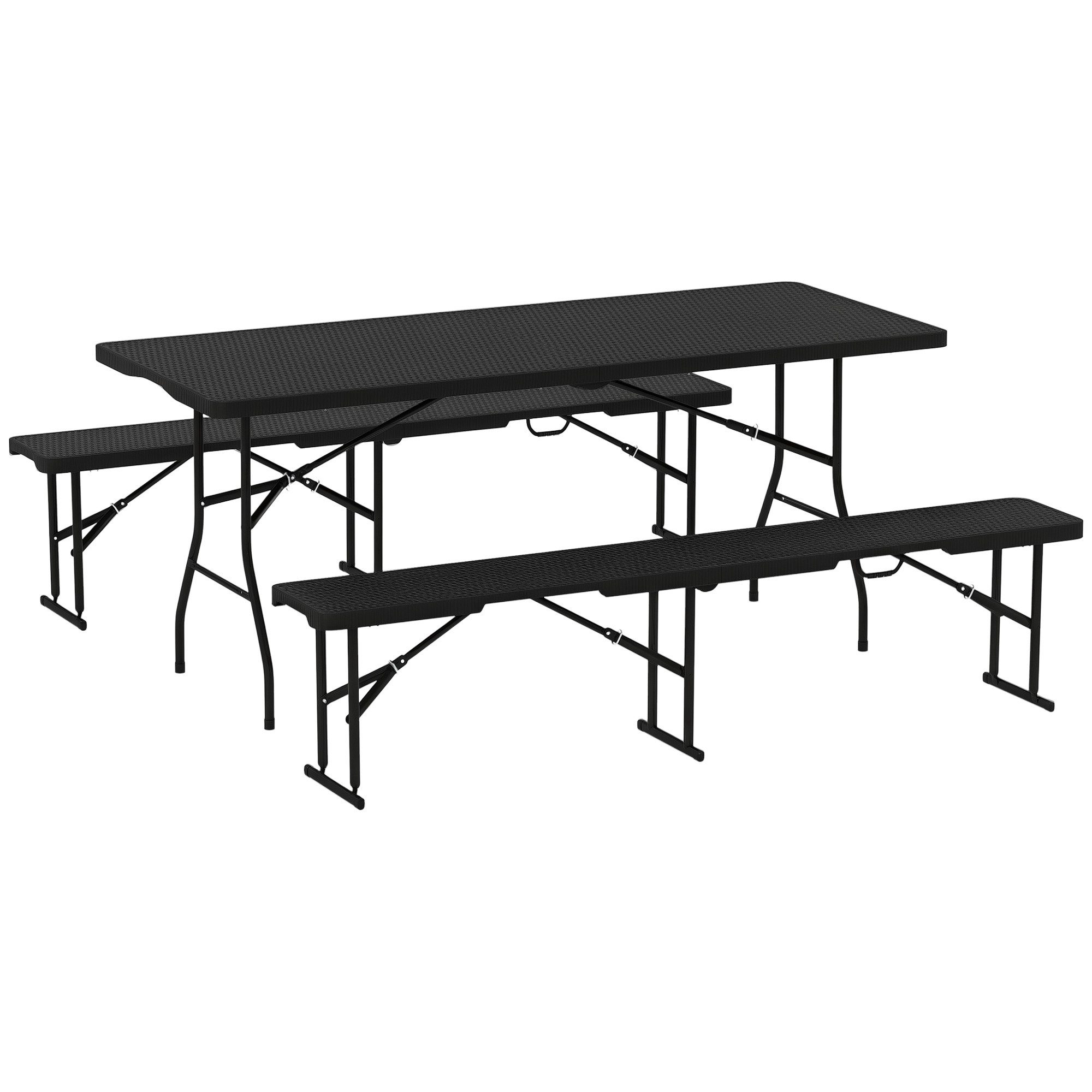Outsunny Sitzgruppe Klappbares Picknicktisch- und Bank-Set, (Faltbarer Campingtisch mit Tragegriffen, 3-tlg., für drinnen und draußen), Kunststoff, Metall