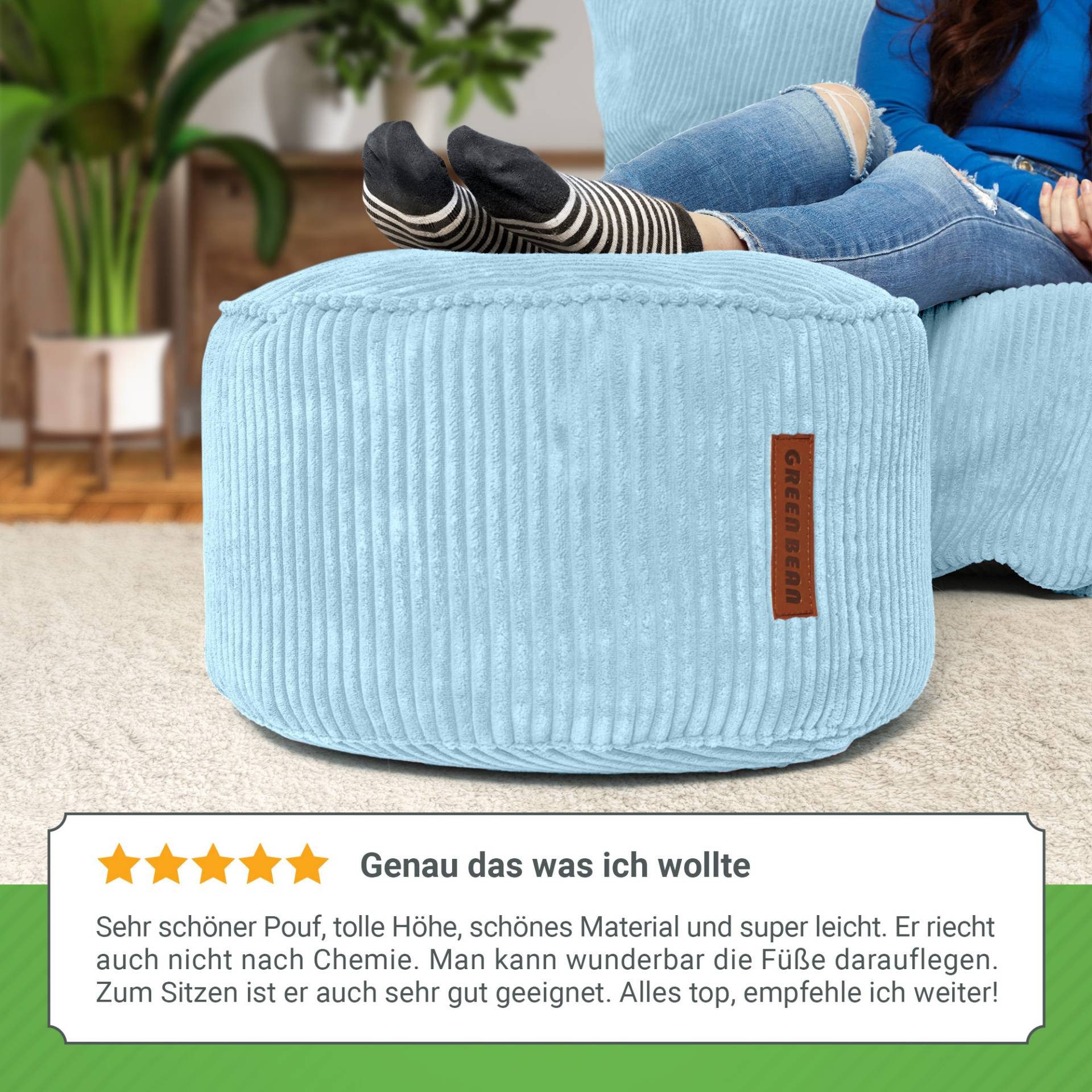 Green Bean Pouf Sitzsack-Hocker Pouf Cord 45x25cm (Indoor Sitzhocker Sitzkissen Fußhocker Relax-Sessel, Made in Germany), die ideale Ergänzung zum Sitzsack – Bild 3 von 5