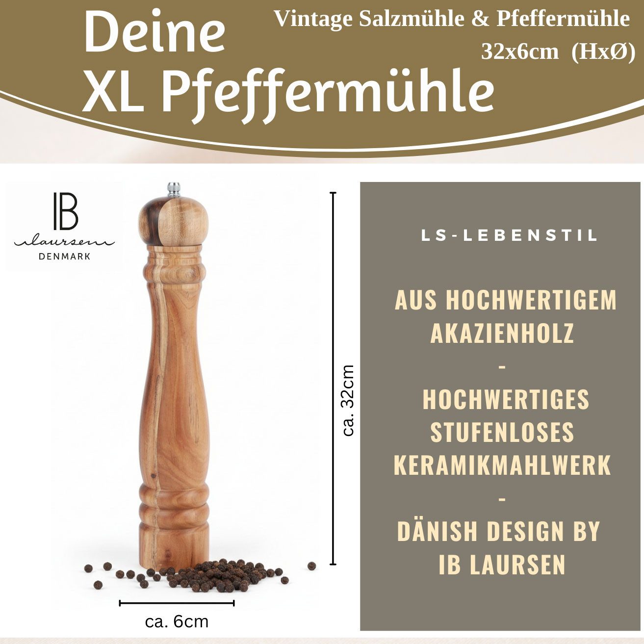 LS-LebenStil Salz-/Pfeffermühle XL Holz Salzmühle & Pfeffermühle Akazie 32cm Keramikmahlwerk Mühle manuell, (1 Stück), Gewürzmühle grobes Salz schwarze Pfefferkörner Chili Muskatnuss