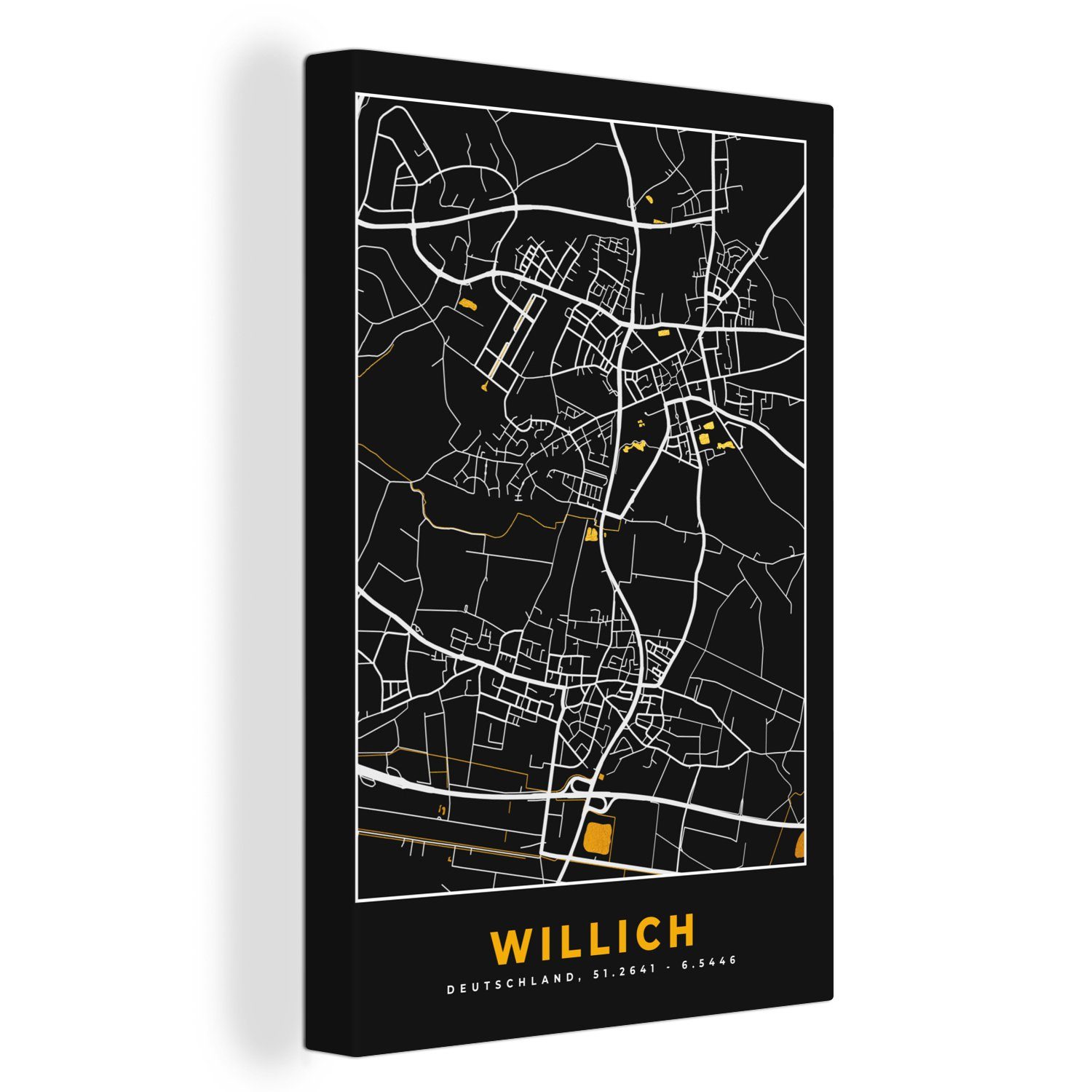 OneMillionCanvasses® Leinwandbild St), - Zackenaufhänger, - - Gemälde, - (1 Karte Stadtplan Karte, 20x30 fertig cm - inkl. Willich bespannt Leinwandbild Gold Deutschland