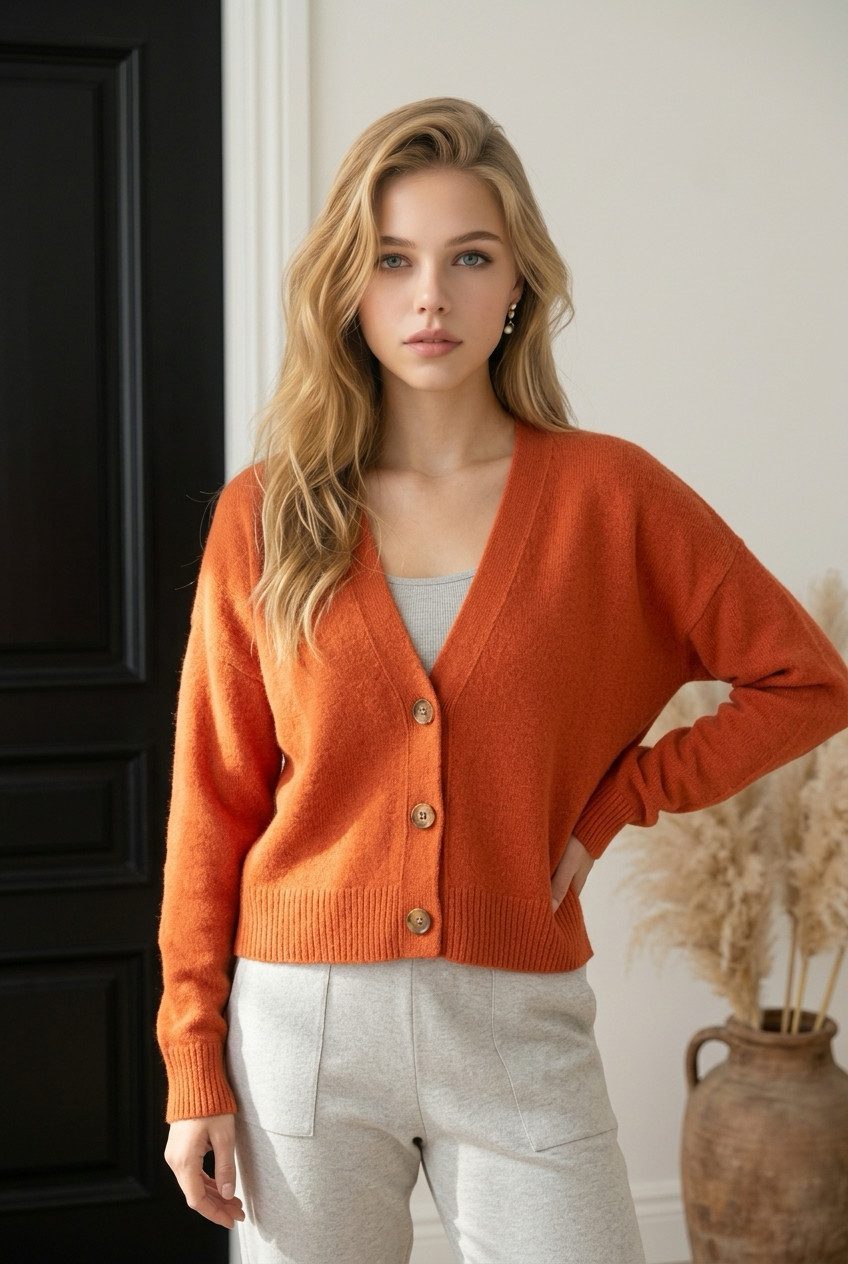 Zuckerwatte Strickjacke modische kurze Form, V-Ausschnitt, Merino Cashmere