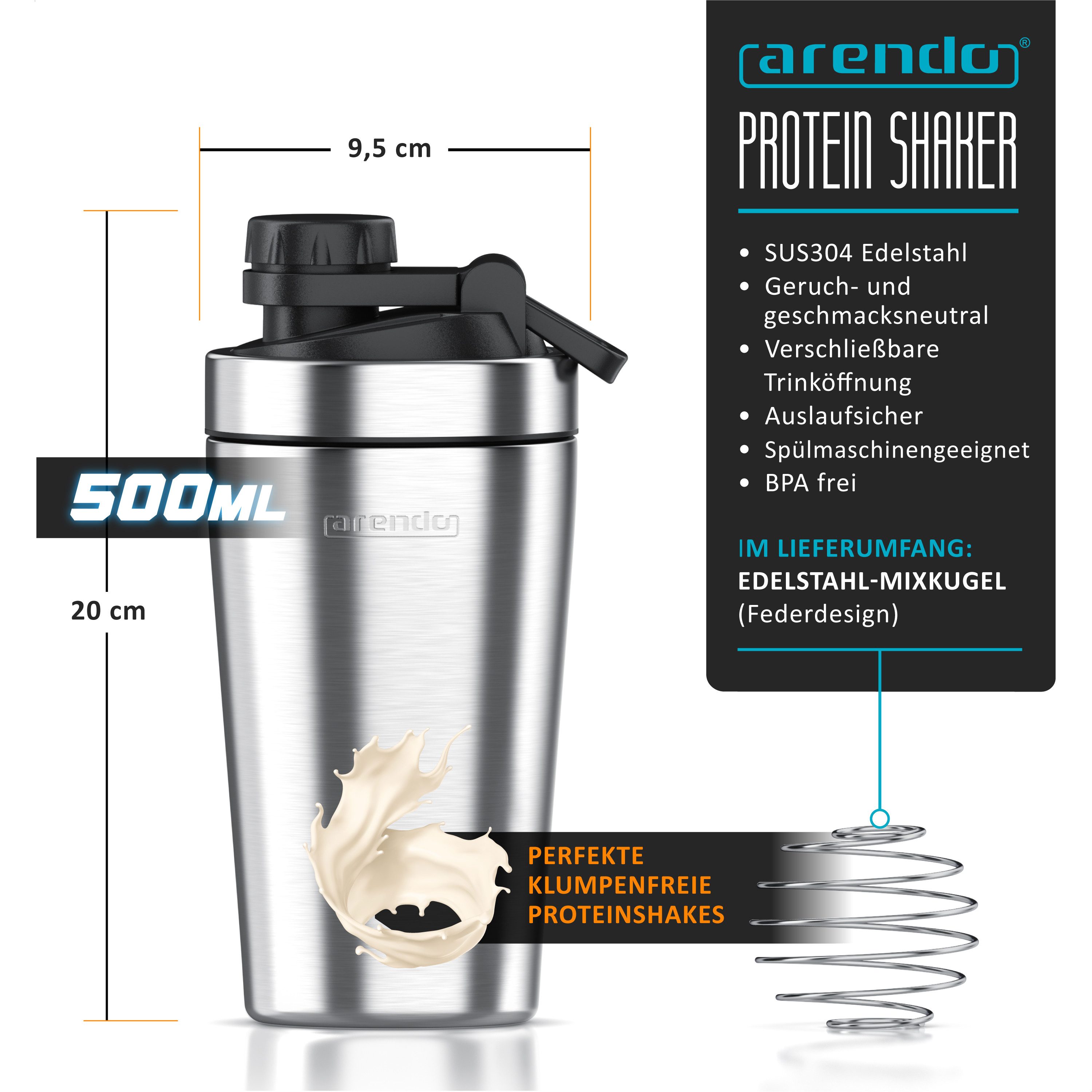 Arendo Protein Shaker Edelstahl Eiweißshaker 500 ml, verschließbar, bruchfest, BPA-frei, Edelstahl, (1-tlg), auslaufsicher, spülmaschinengeeignet, mit Tragegrif – Bild 2 von 5