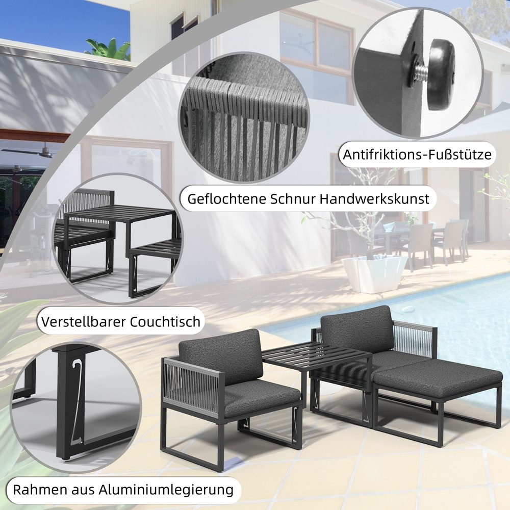Melko Sitzgruppe Möbelset Aluminium Balkon Set wetterfest Gartenmöbel Sitzgarnitur, (inkl. höhenverstellbare Füße, 4-tlg., Aluminiummöbel), Hocker kann je nach Bedürfnissen als Tisch oder Liege verwendet werden