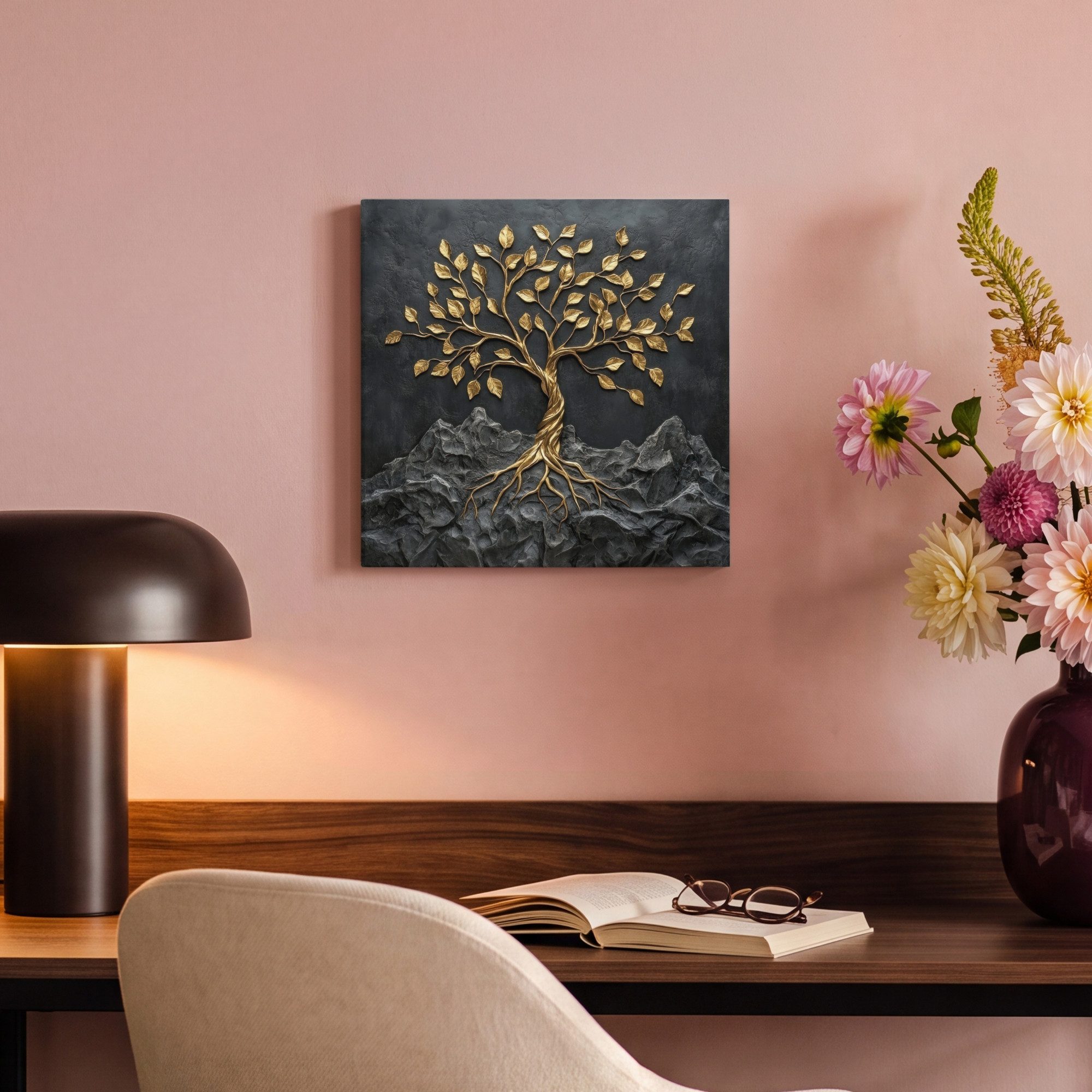 OneMillionCanvasses® Leinwandbild Blätter - Gold - Baum - Fels, Fotodruck (1 St), Wandbild, Deko Schlafzimmer Wohnzimmer Flur 20x20 cm – Bild 4 von 5