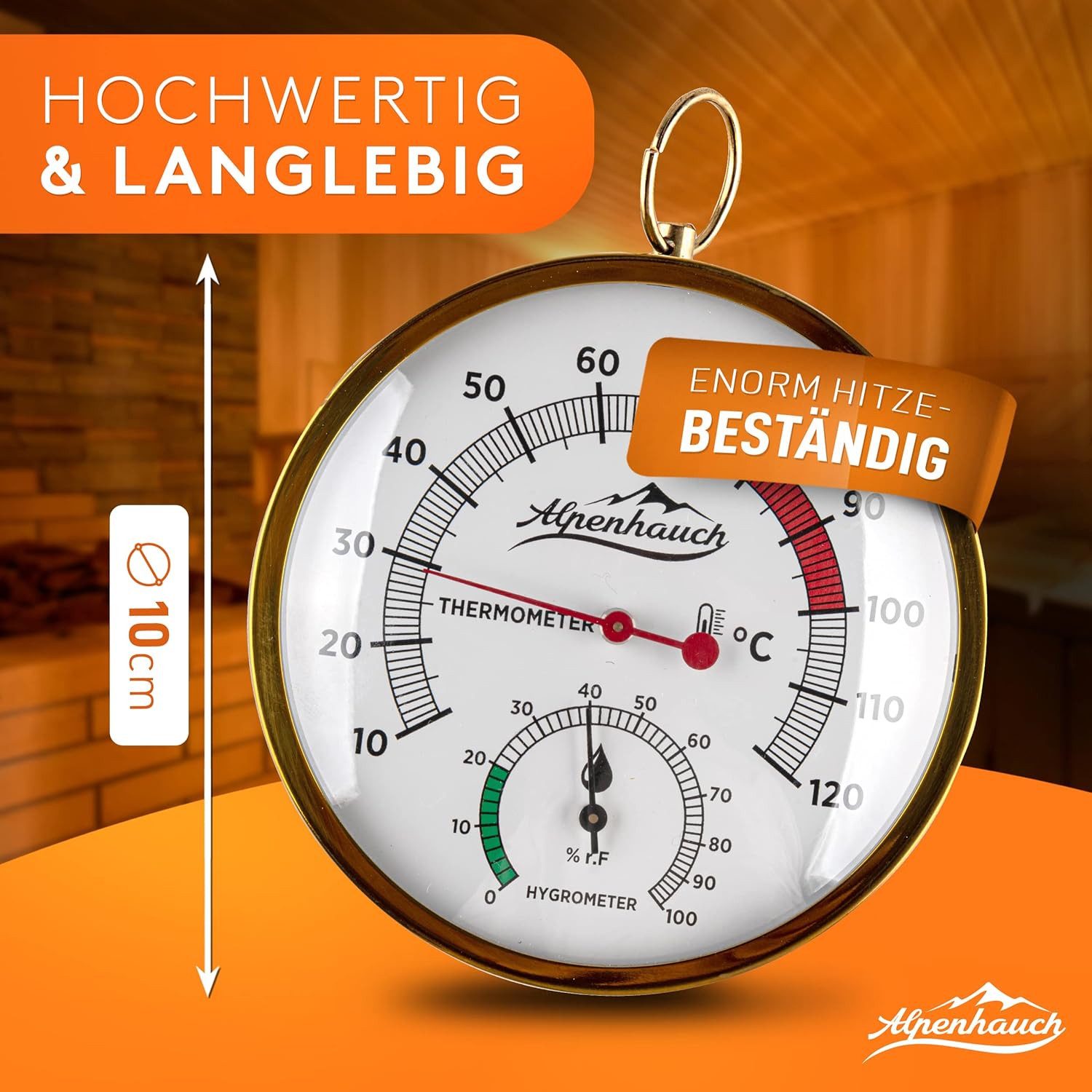 Alpenhauch Hygrometer & Thermometer aus Kupfer [2in1] - Präzieses Saunathermometer, Kupfer-& Edelstahlgehäuse, gehärtetes Glas, automatische Kalibrierung – Bild 4 von 5