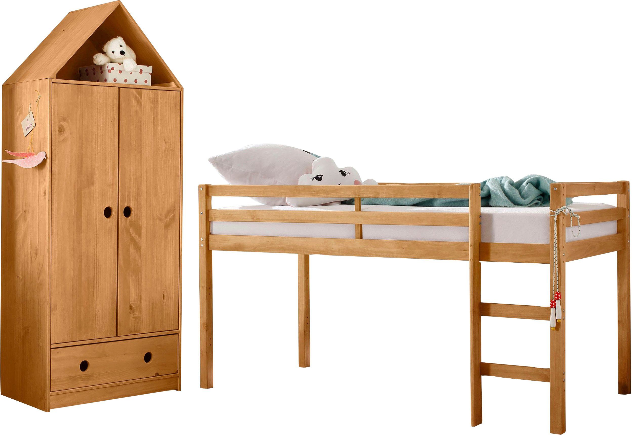 Lüttenhütt Jugendzimmer-Set Alpi, (Spar-Set, 2-St), Hochbett und Kleiderschrank in Hausoptik, perfekt für kleine Räume