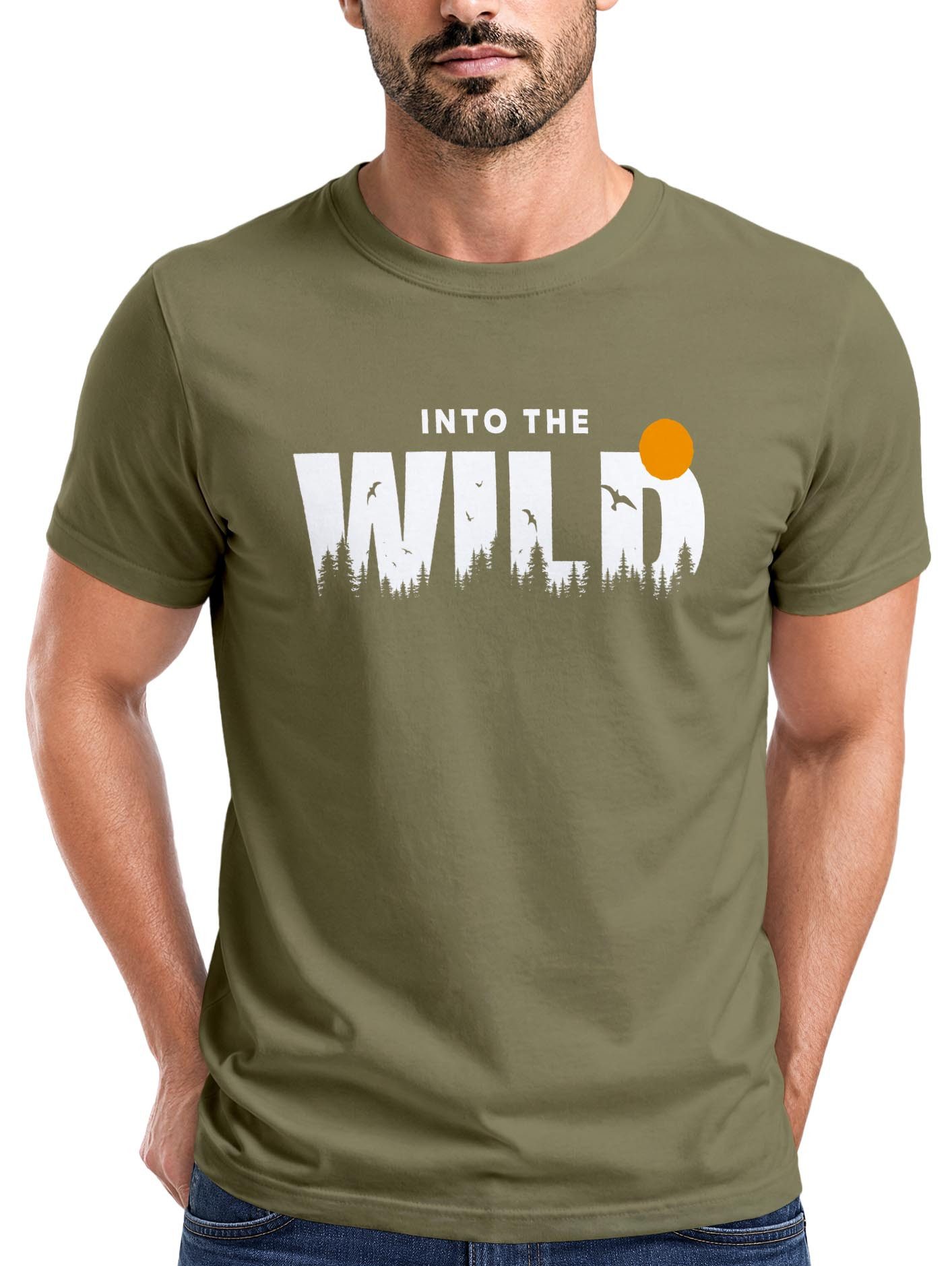 Print-Shirt Herren T-Shirt Brustprint Bedruckt Into the Wild Schriftzug Outdoor