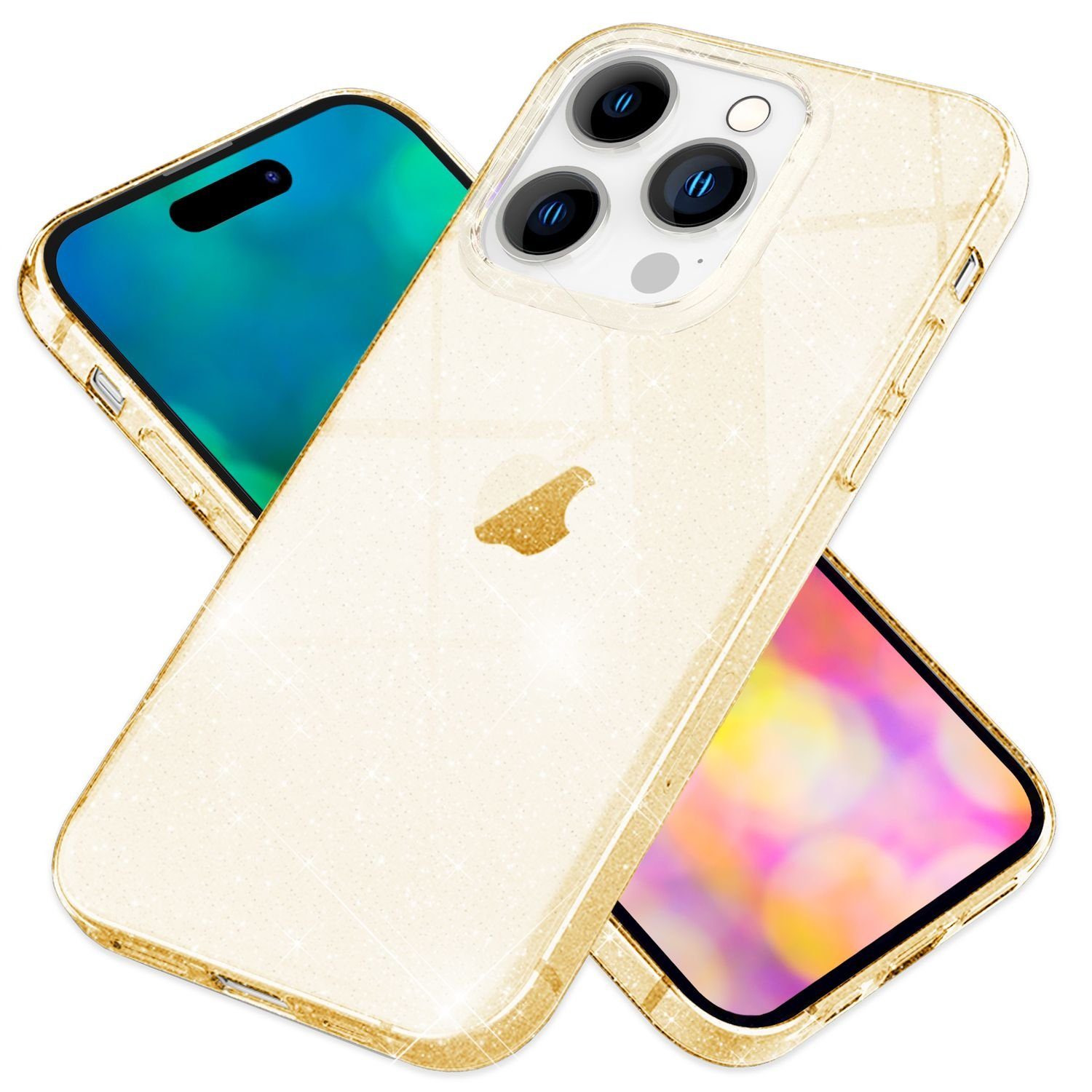Nalia Smartphone-Hülle Apple iPhone 14 Pro Max, Klare Glitzer Hülle / Silikon Transparent / Glitter Cover / Bling Case