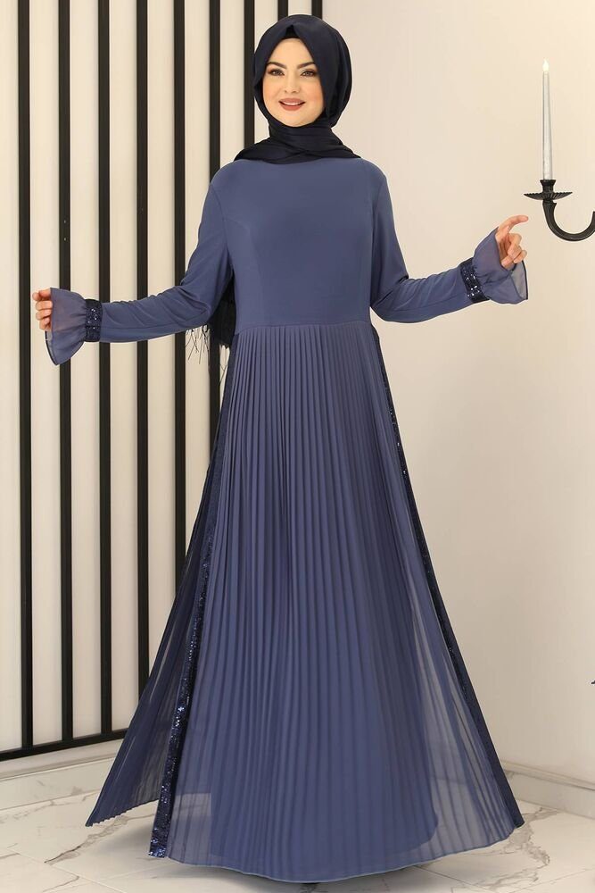 Modavitrini Maxikleid Damen Hijab Abendkleid Lila mit Pailletten Modest Fashion Abiye Abaya Faltendetail Rock Indigo-Blau