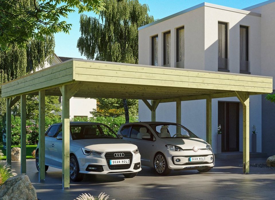 Skanholz Doppelcarport Friesland, BxT: 557x555 cm, 221 cm Einfahrtshöhe,  Flachdach-Carport, Dachschalung mit EPDM-Folie