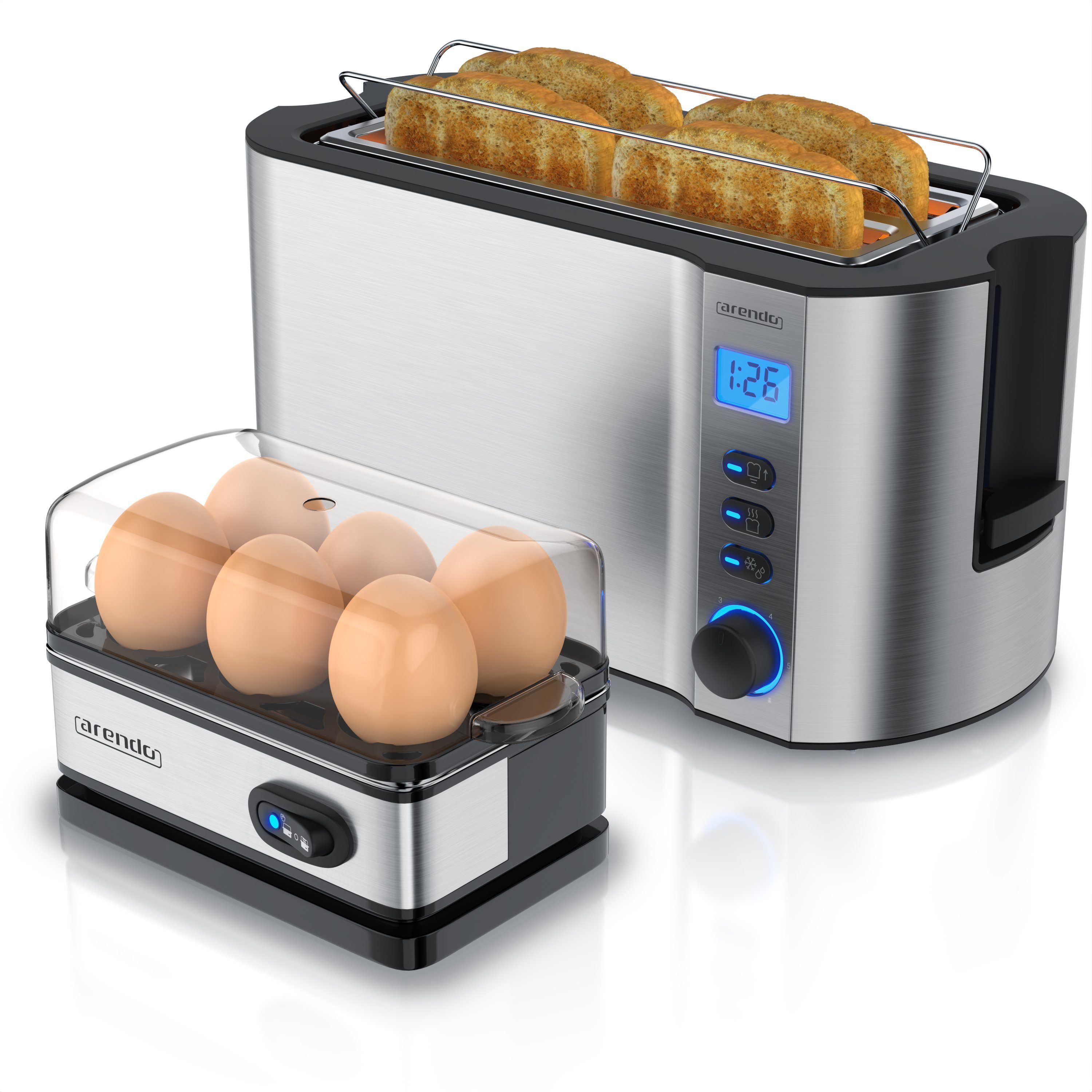 Arendo Frühstücks-Set (2-tlg), 4-Scheiben Langschlitz Toaster, 6er Eierkocher, Silber