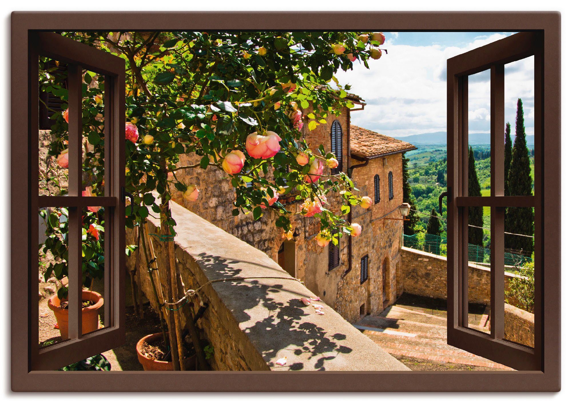 Artland Wandbild Fensterblick Rosen auf Balkon Toskana, Garten (1 St), als günstig online kaufen