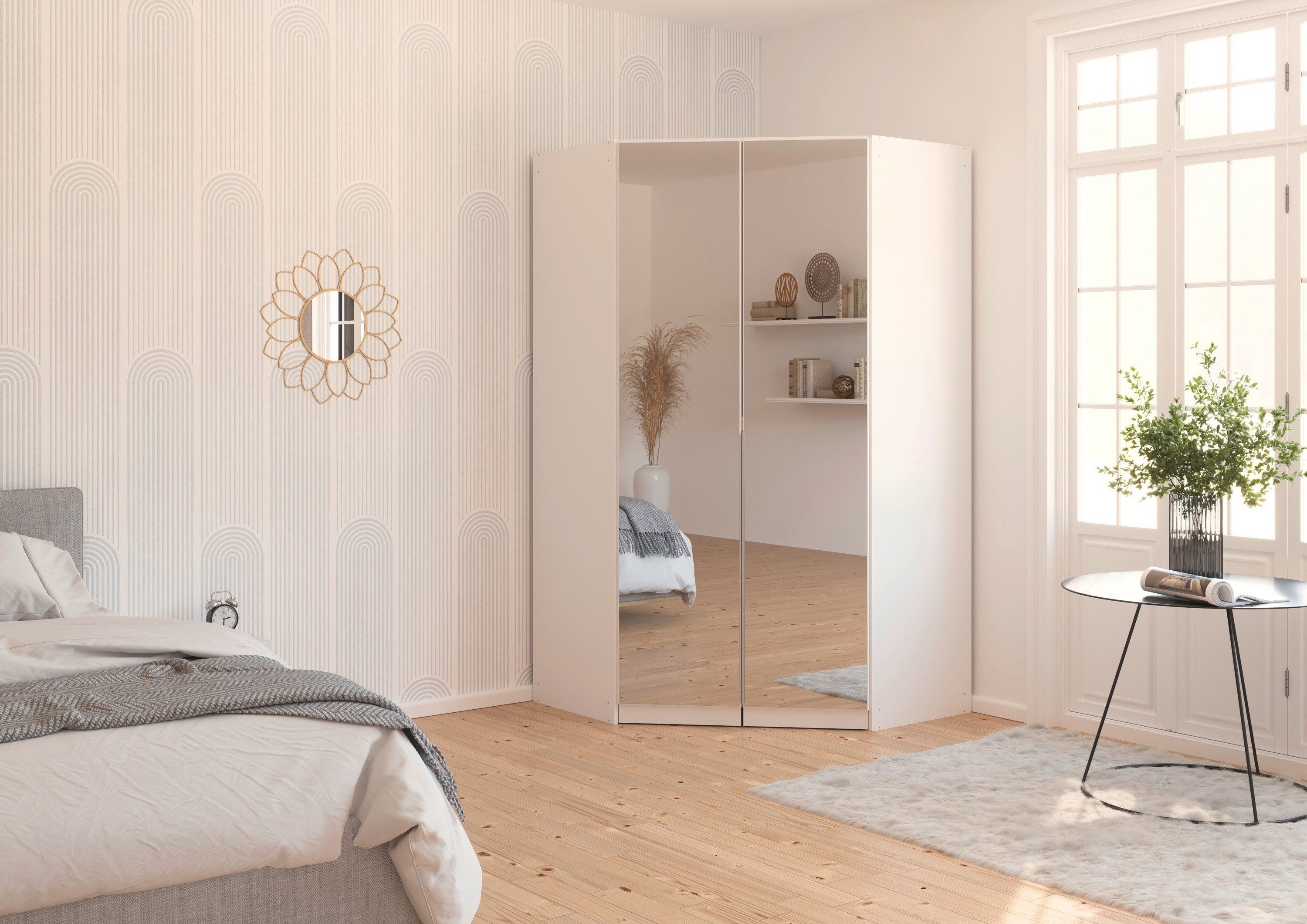 OTTO home Eckkleiderschrank Kleiderschrank Schrank Ankleidezimmer Schlafzimmer Garderobe AGORDO (in zwei Griff-Farben, Breite/Tiefe 117x117 cm, Höhen 210/229 cm) mit Spiegeltüren, voll ausgestattet mit viel Stauraum MADE IN GERMANY