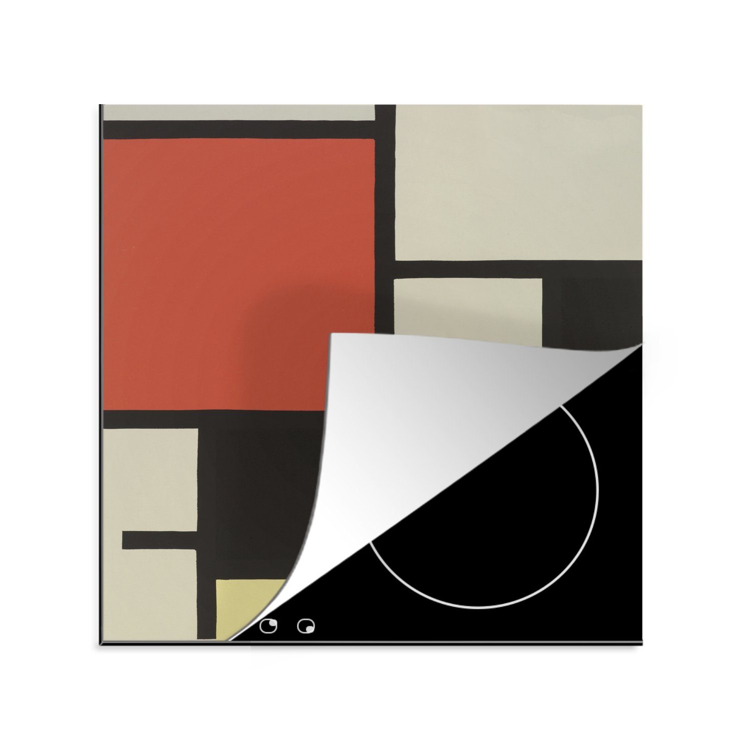 MuchoWow Herdblende-/Abdeckplatte Komposition mit rotem Quadrat, schwarz, blau - Piet Mondrian, Vinyl, (1 tlg), 78x78 cm, Ceranfeldabdeckung, Arbeitsplatte für küche