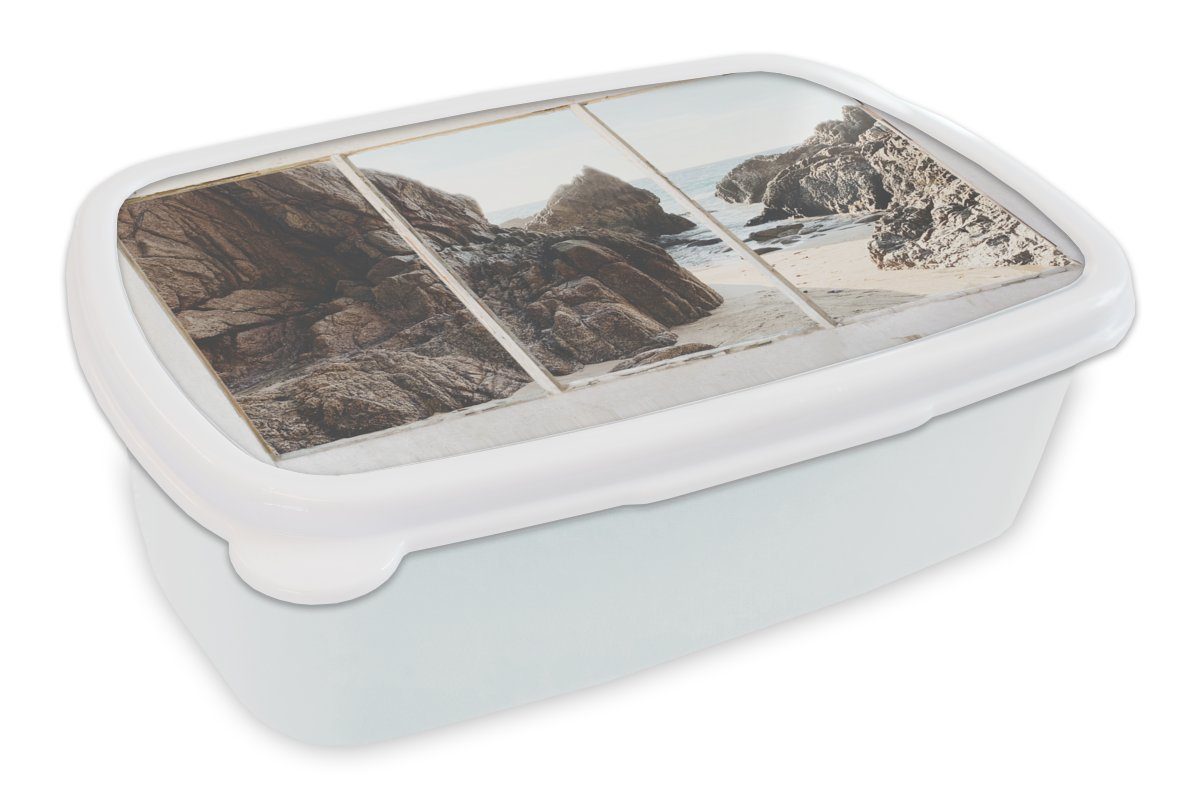 MuchoWow Lunchbox Aussicht - Strand - Meer, Kunststoff, (2-tlg), Brotbox für Kinder und Erwachsene, Brotdose, für Jungs und Mädchen weiß
