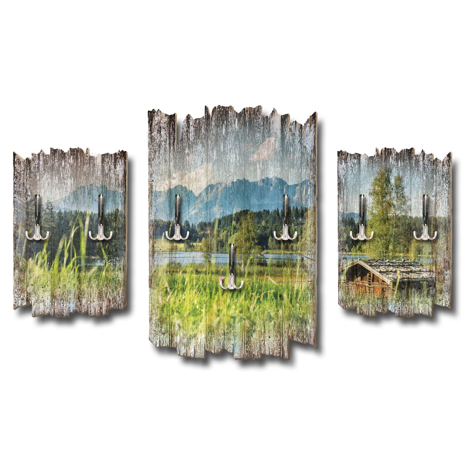 Kreative Feder Wandgarderobe Alpenseepanorama, Dreiteilige Wandgarderobe aus Holz