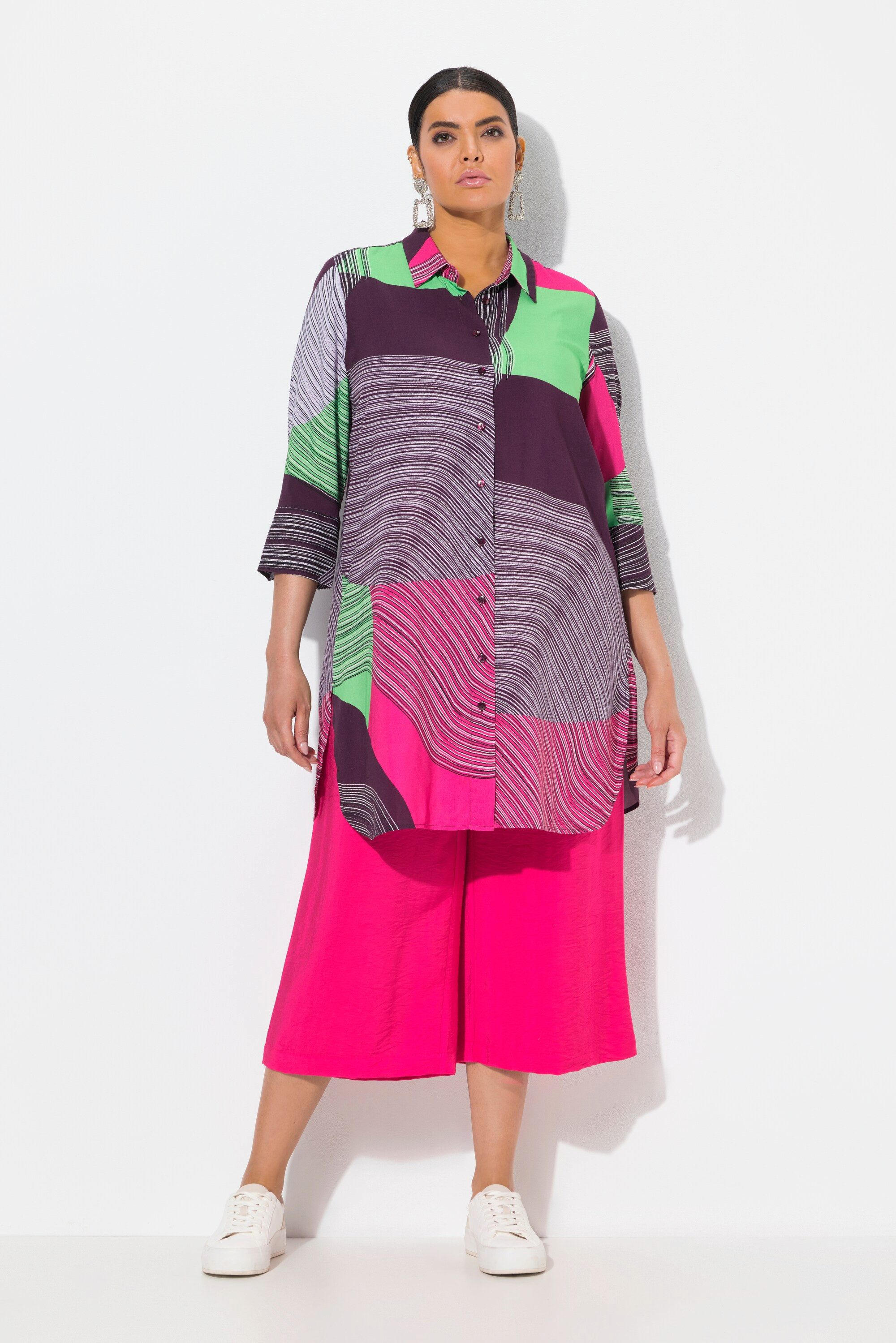 Ulla Popken Longbluse Hemdbluse längere A-Linie Hemdkragen 3/4-Arm günstig online kaufen