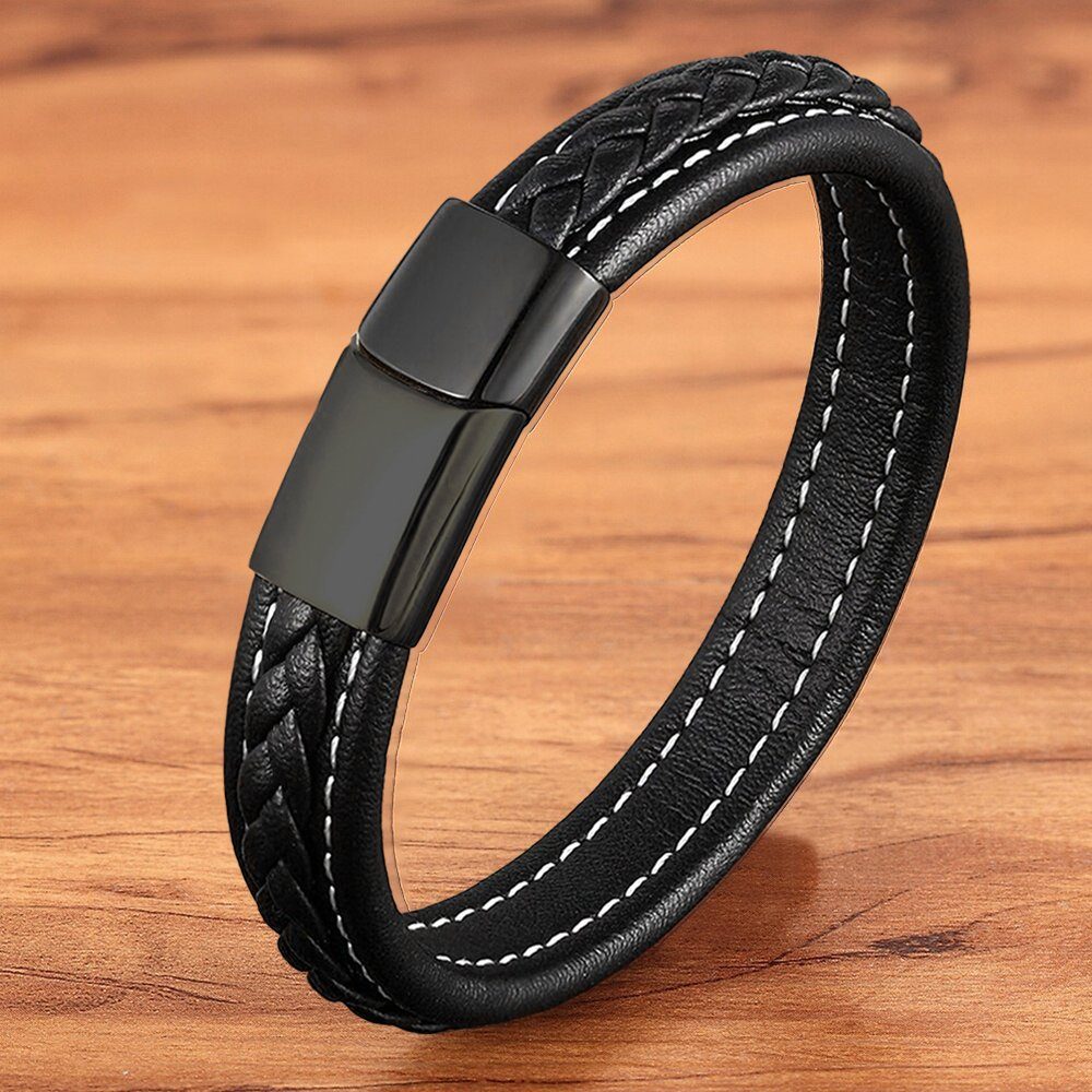 Lederarmband geflochten Armband Schmuckbox), Leder schwarz Magnetverschluss sicheres Leder, aus für elegantes verschließen mit (inkl. ein NAHLE