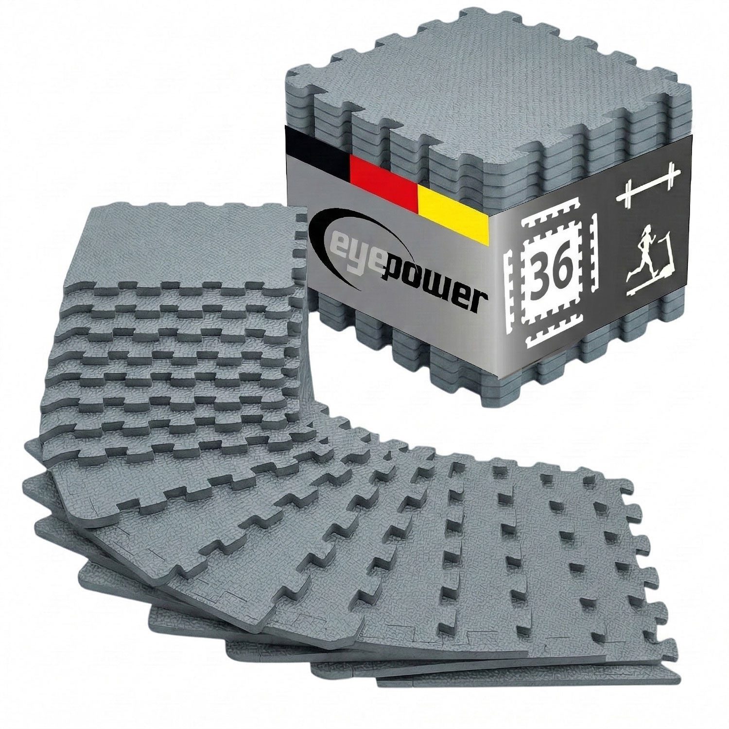 eyepower Puzzlematte XL für Zuhause - 3,2 m² Trainingsmatte mit Rand - 36 Home Gym Matten, 30 x 30 x 1 cm Bodenschutzmatte Sport und Gymnastik - EVA Bodenmatte