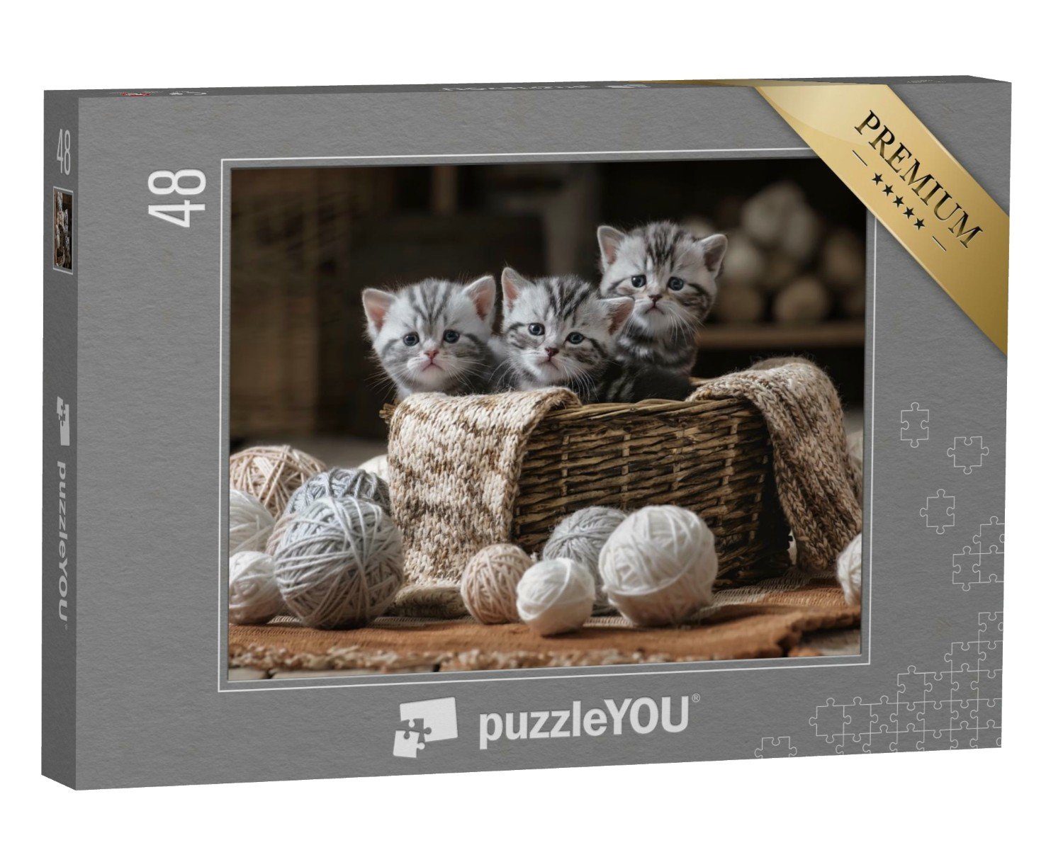 puzzleYOU Puzzle Kleine gestreifte Kätzchen mit Garnknäueln, 48 Puzzleteile, puzzleYOU-Kollektionen Katzen-Puzzles