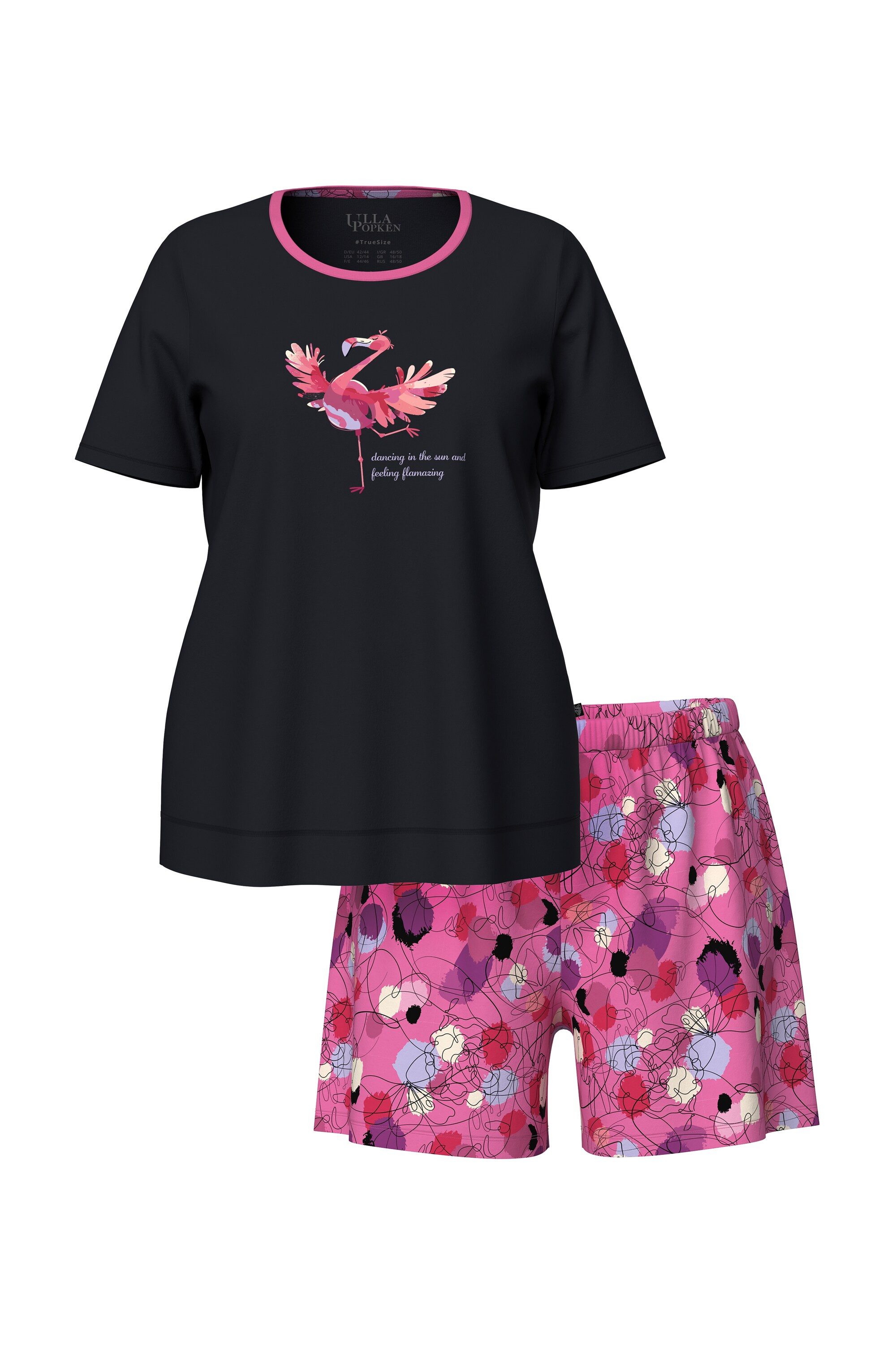 Ulla Popken Pyjama Pyjama Flamingo Rundhals Halbarm Shorts
