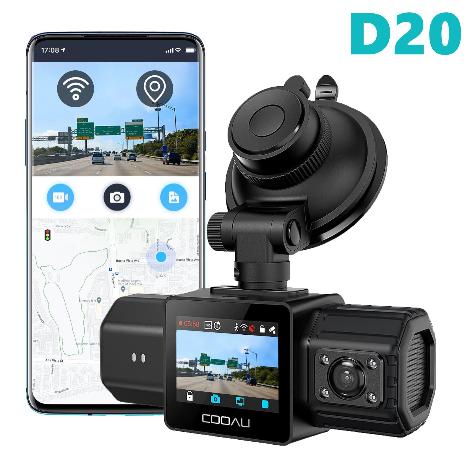COOAU Dashcam Auto WiFi Vorne Autokamera mit GPS-Modul & Ultra Nachtsicht Dashcam (HD, WLAN (Wi-Fi), 24Std.Parküberwachung/Bewegungserkennung,Super Nachtsicht, G-Sensor, Schleifenaufzeichnung, Parkmonitor,Eingebautes WLAN)