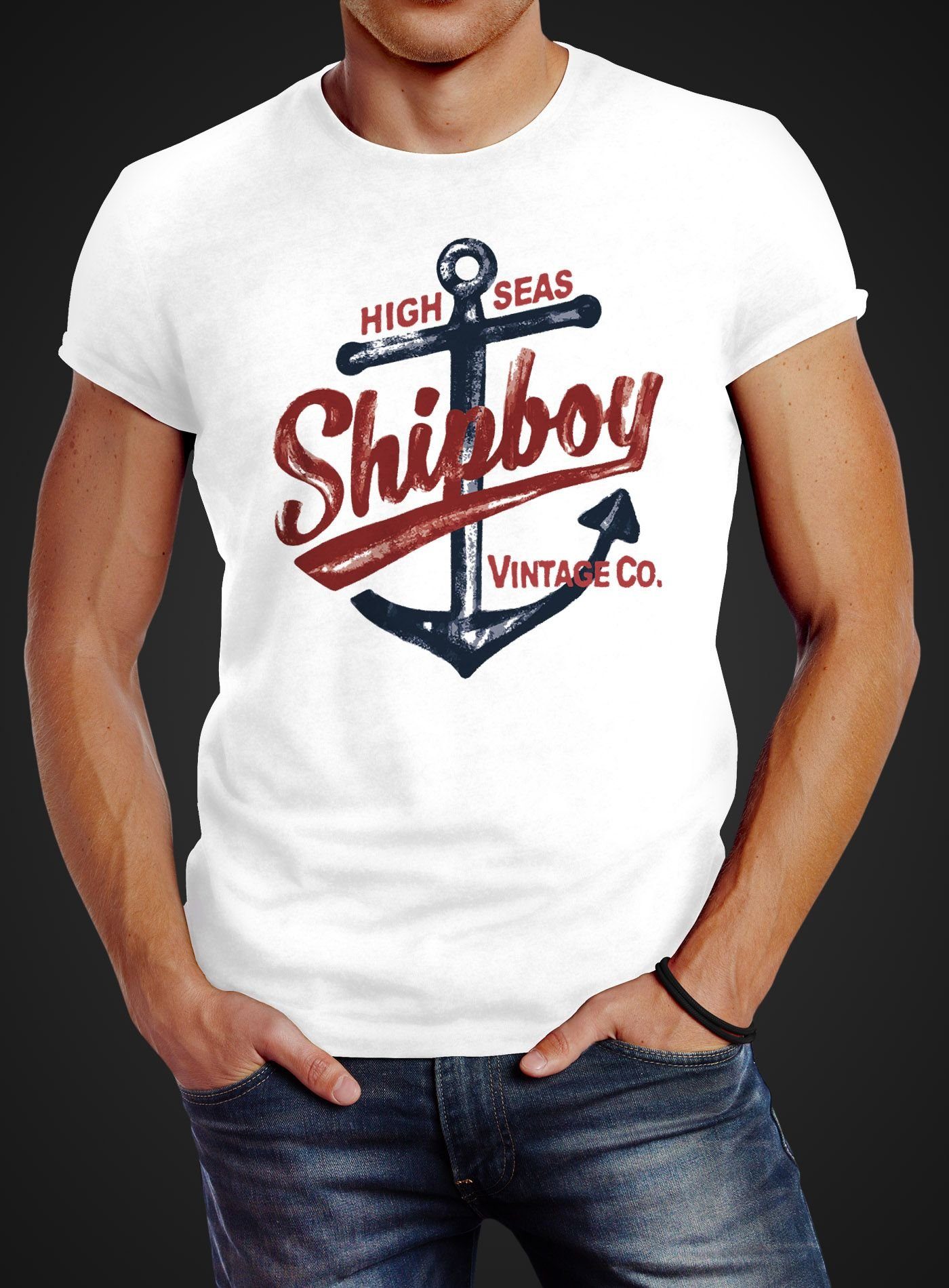 Anker Neverless® Neverless Print Fit T-Shirt Vintage mit Shipboy Herren Print-Shirt Slim