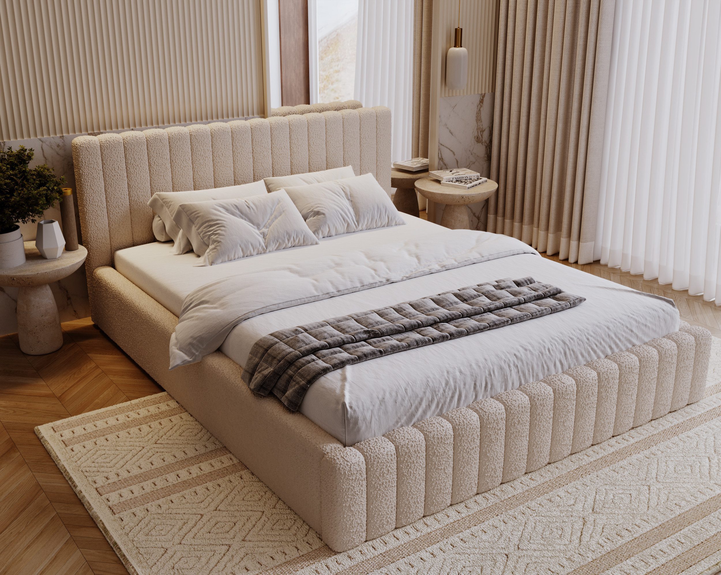 Goldstoff Polsterbett mit Bettkasten und Lattenrost (Boucle-Stoff in "Lammfell", Designerbett, Wolkenbett, Stauraumbett- 140/160/180x200), Erhältlich in 3 Größen und 6 Farben