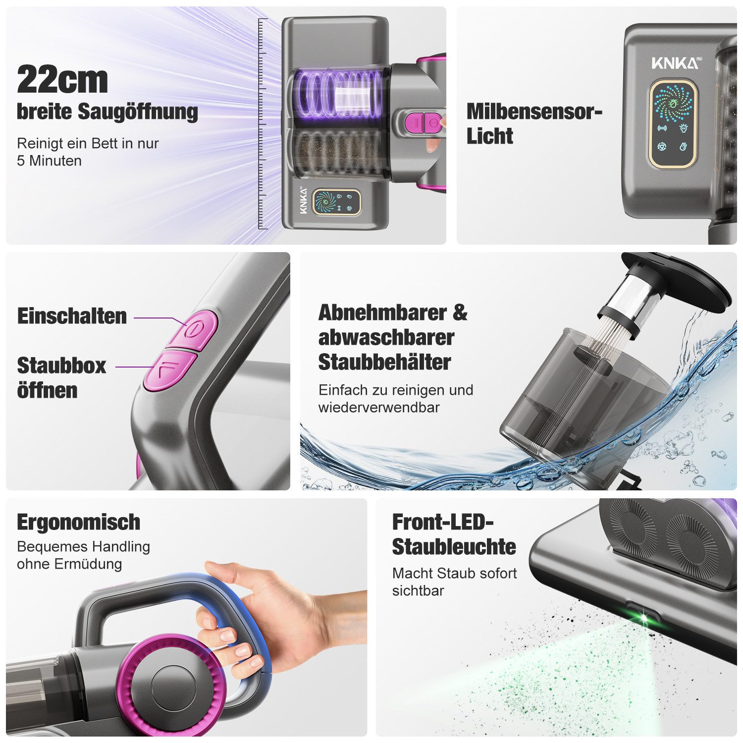 KNKA PRO Matratzenreinigungsgerät Milbensauger entfernt 99,9% Bakterien,Allergene,Staub-Milben, 500 W, Matratzenreiniger mit UV-C Licht für Allergiker