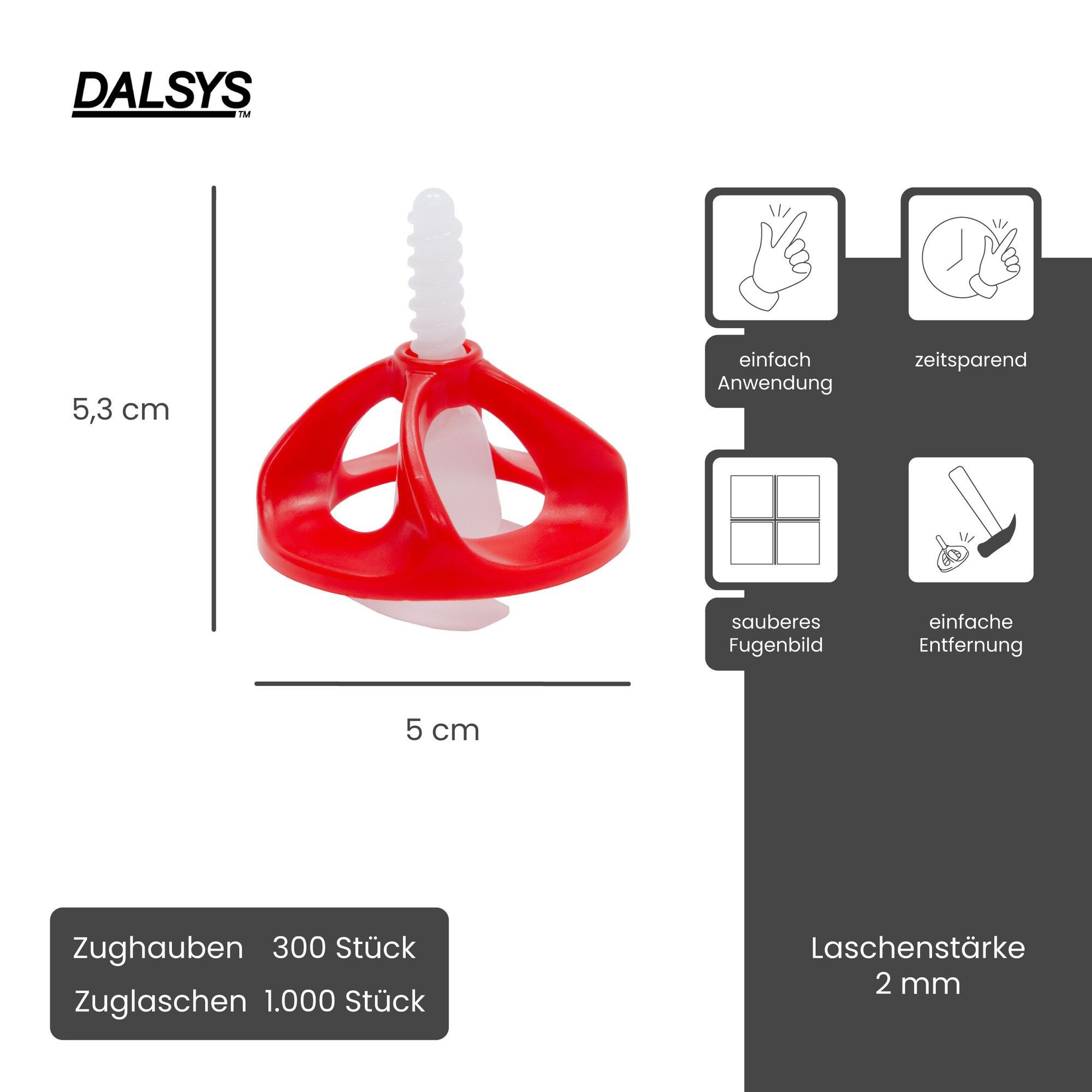 Dalsys Nivelliersystem für Fliesen enthält (2mm) Set 1000 Laschen + 300 Hauben, 1300-St., Fliesenleger Werkzeug für präzises Fugenbild) Gewindelaschen, Zughaube – Bild 2 von 5