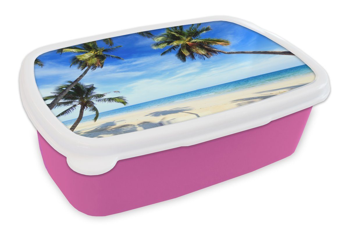 MuchoWow Lunchbox Palmen - Strand - Meer, Kunststoff, (2-tlg), Brotbox für Erwachsene, Brotdose Kinder, Snackbox, Mädchen, Kunststoff rosa