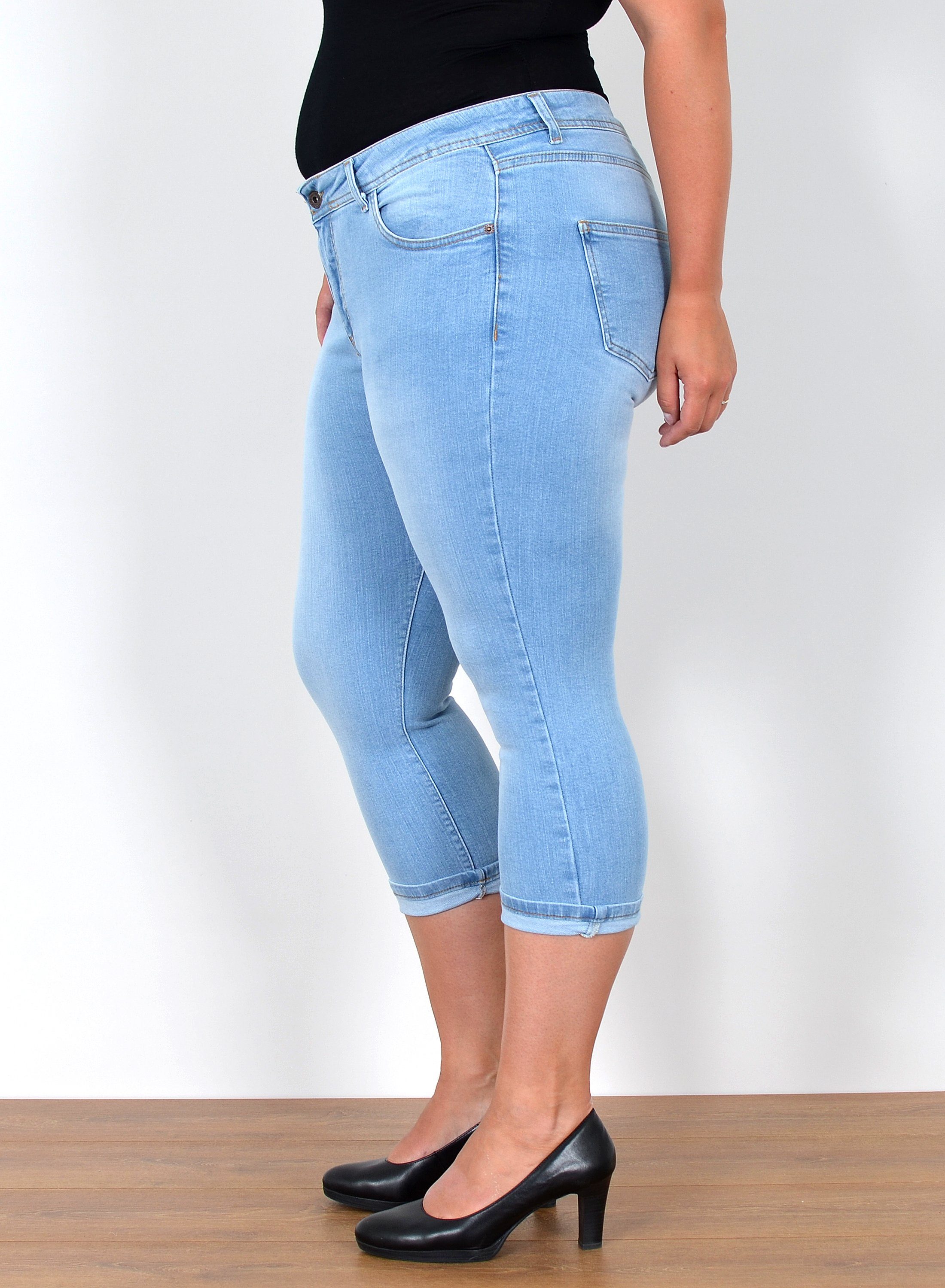 ESRA Caprijeans Capri Jeans Damen High Waist Hose 3 4 Jeans Damen Sommer bis Übergröße Sommer Damen Jeans Capri Hose Damen 3/4 Hose hoher Bund Große Größe