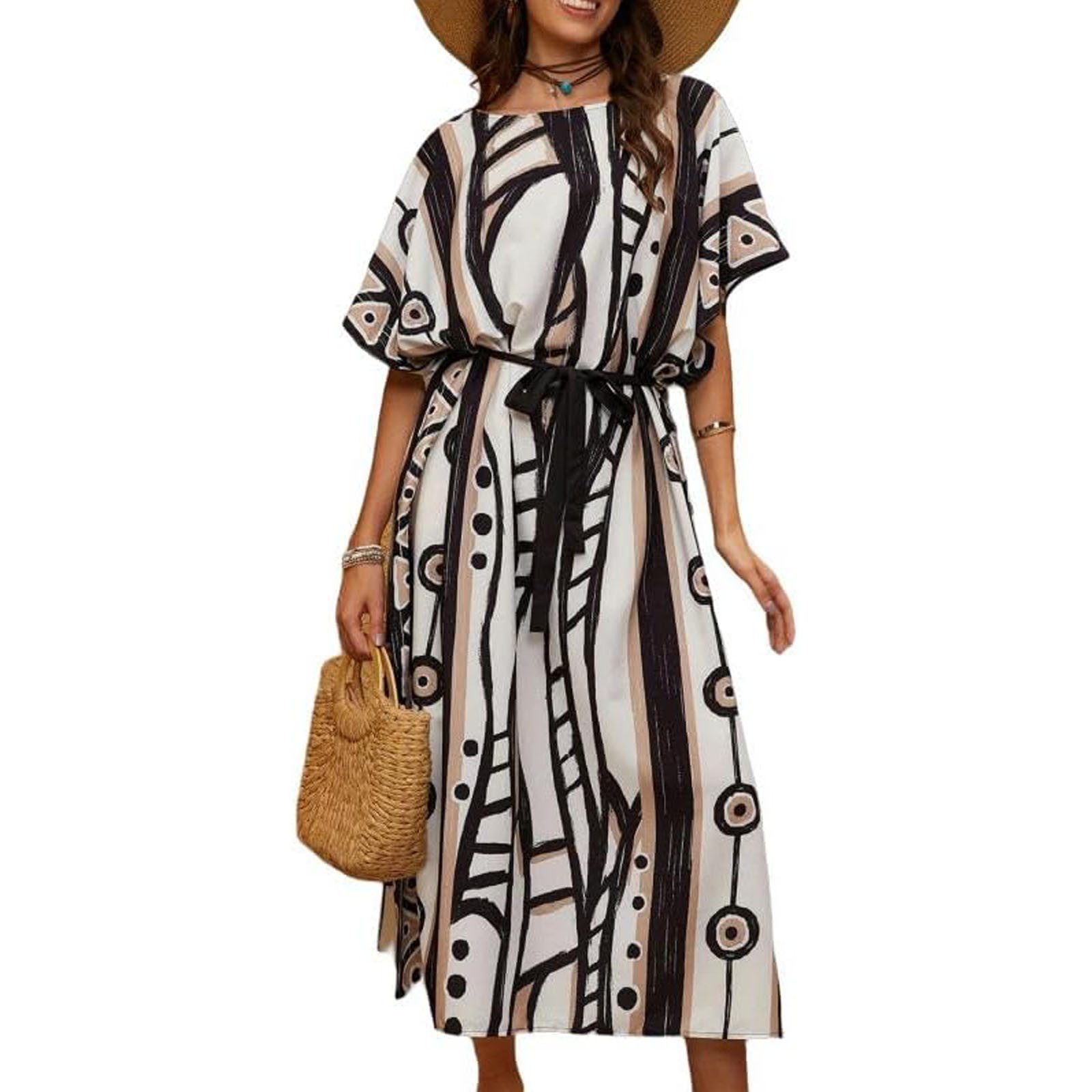 MOPUEA Strandkleid Strandkleid Damen Bohemian Cover Up Plus Größe Ombre (Kaftankleid Damen Strandkleid Boho Oversize Cover Up Lang, 1-tlg) V-Ausschnitt Lockeres Strandkleid Casual Resort Wear