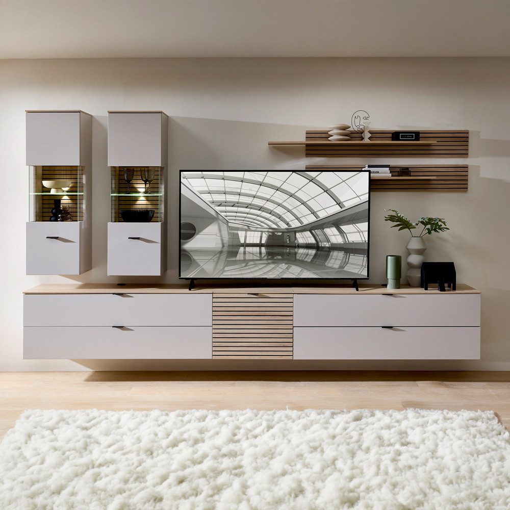 Lomadox Wohnwand ISCHIA-36, (7-St., Vitrinen Lowboards Wandregale), in Beige mit Eiche, inkl. Beleuchtung, Lamellenoptik