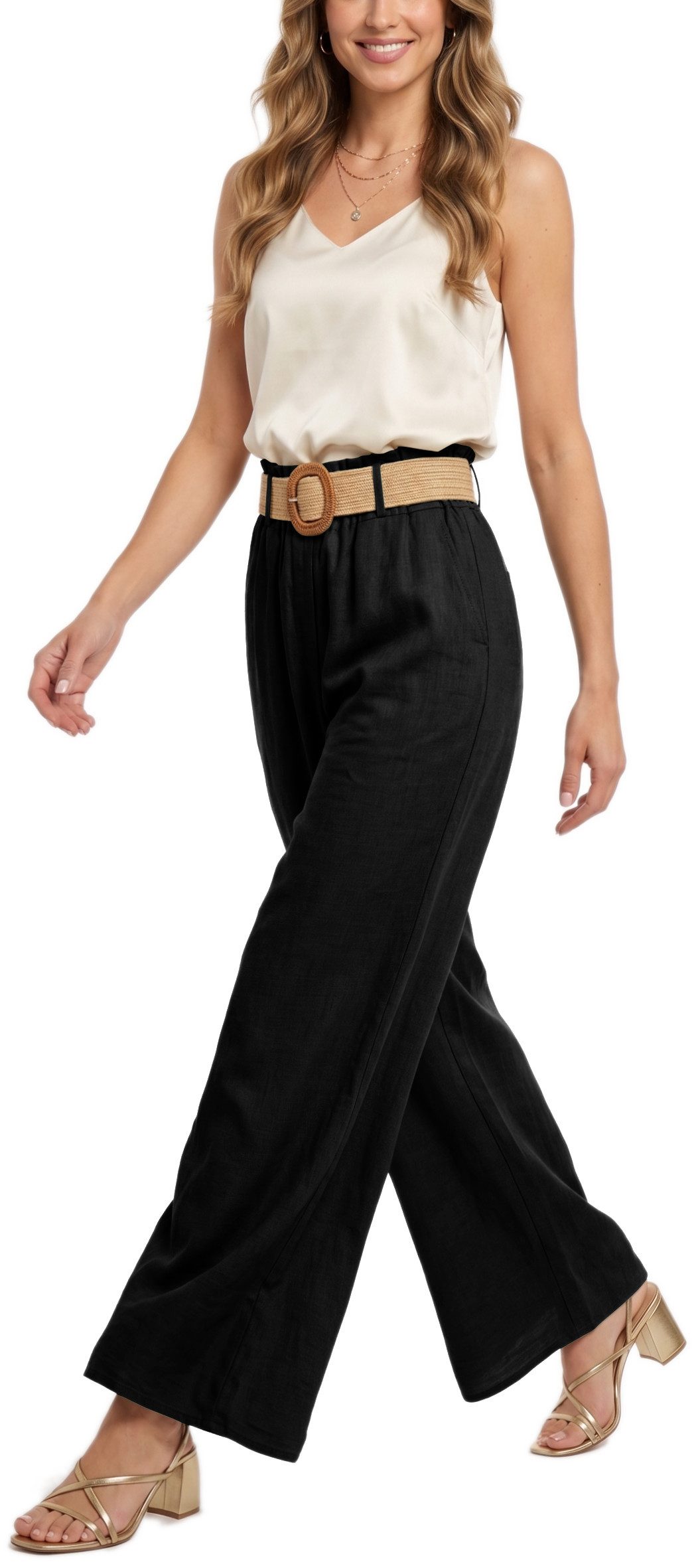 dy_mode Palazzohose Damen High Waist Palazzohose Weitbein Hose Schlupfhose Sommer Strand in Unifarbe, High Waist, mit elastischem Bund