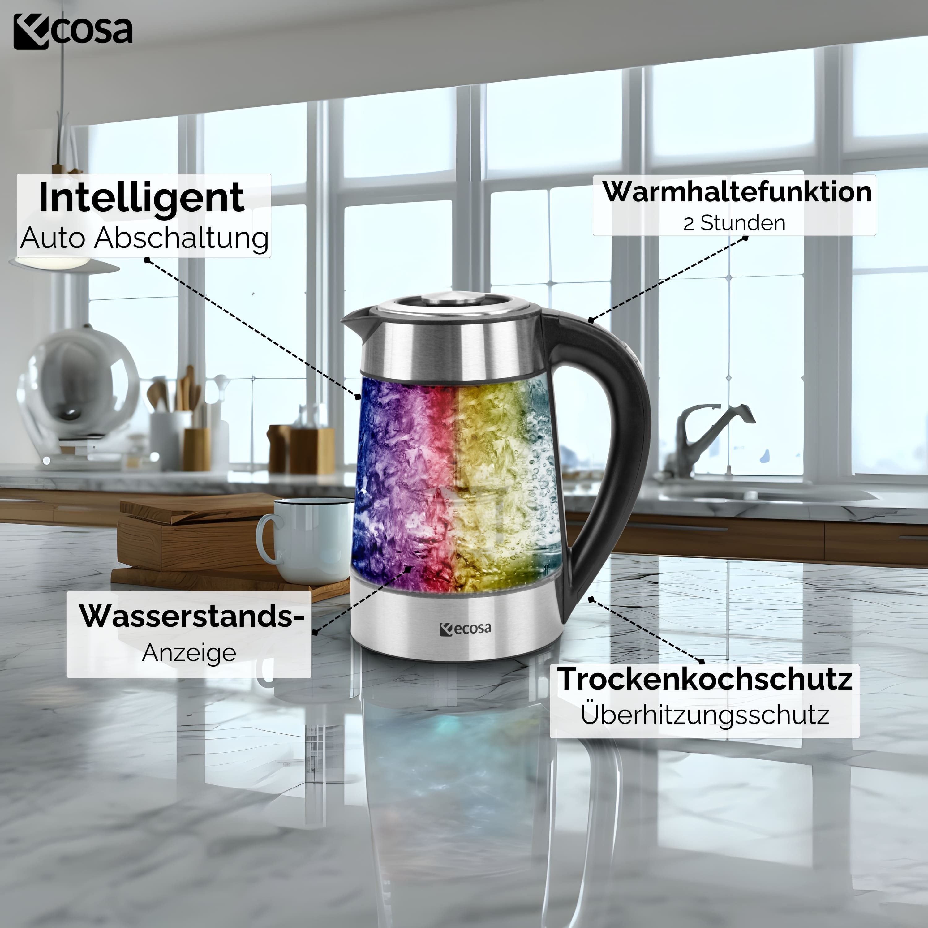 ecosa Wasserkocher EO-650, 1.7 l, 2200 W, Temperatureinstellung,LED-Beleuchtung,Edelstahl,BPA-frei,Farbwechsel