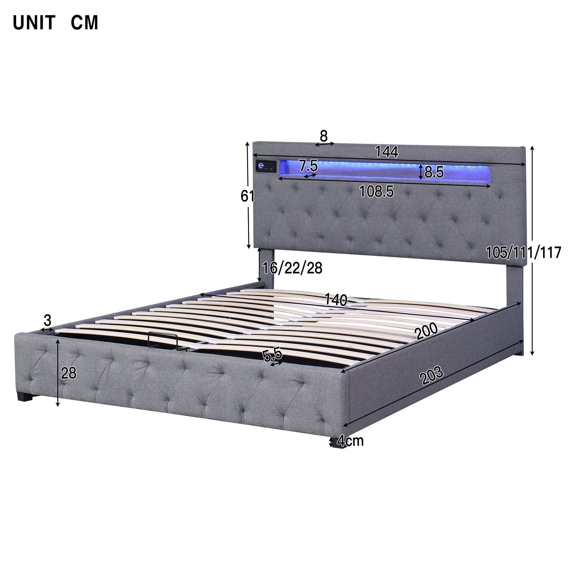 Flieks Polsterbett, LED USB Bluetooth hydraulisches Holzbett Leinen 140x200 günstig online kaufen