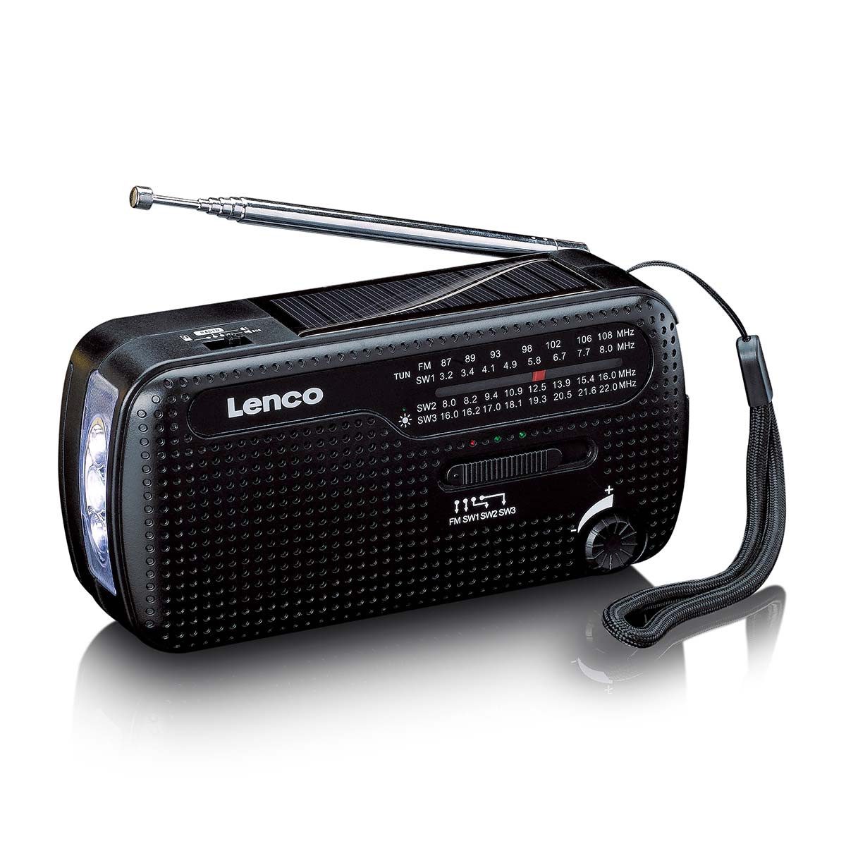 Lenco MCR-113BK Notfallradio (Notfunk,FM Radio,Tragbares Radio, 2 W, Kurbel- und Solarantrieb, SOS-Sirene, Powerbank-Funktion)