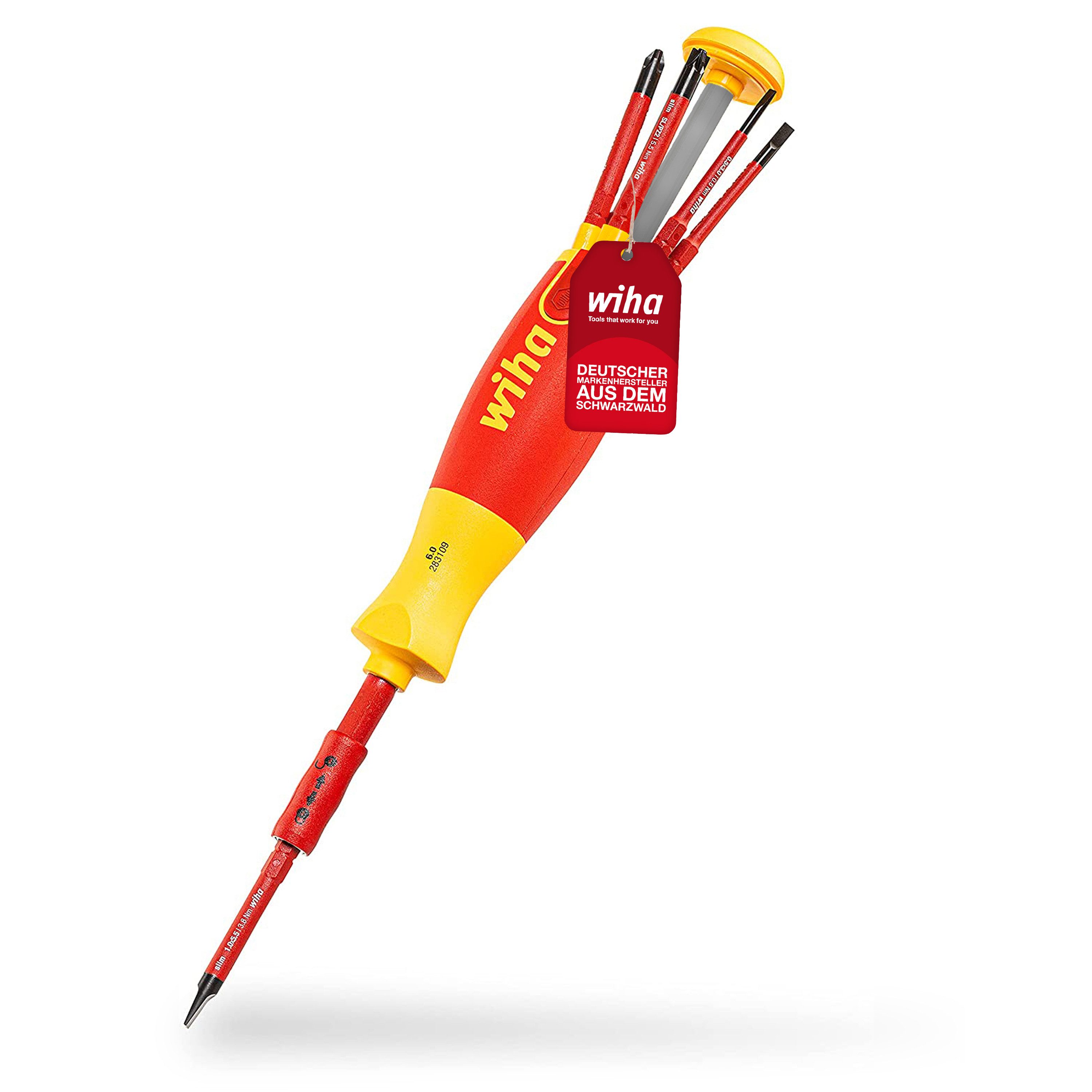 Wiha Schraubendreher LiftUp electric (41234) - 6 tlg., slimBits für Elektriker, Bithalter, Schlitz, Kreuzschlitz, Plusminus