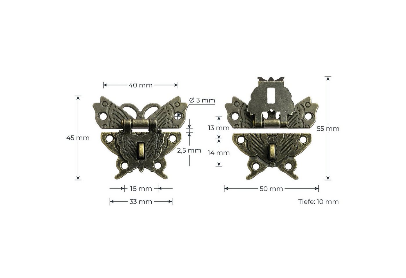 Thumbnail - HMF Möbelbeschlag Vintage Verschluss Schmetterling mit Schlossöse (1 Stück), Hebelverschluss, 50 x 45 mm, Bronze