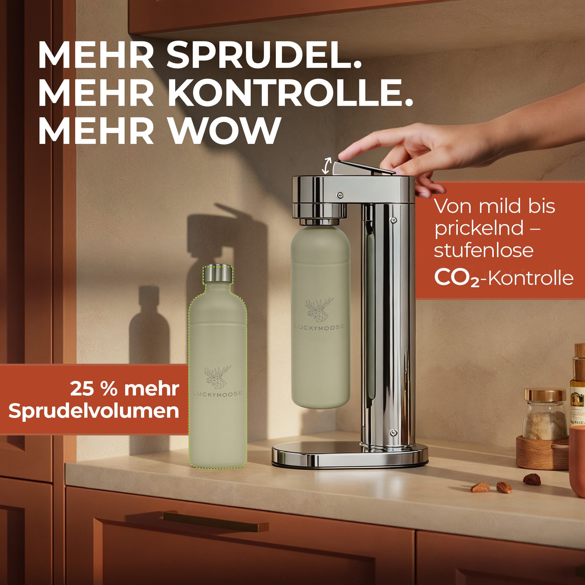 Luckymoose Wassersprudler Infinity-S mit 2x 1,25L langlebige Edelstahlflaschen, (2xSand-tlg), Spart bis zu 25% CO2, Flaschen spülmaschinenfest & ohne Ablaufdatum