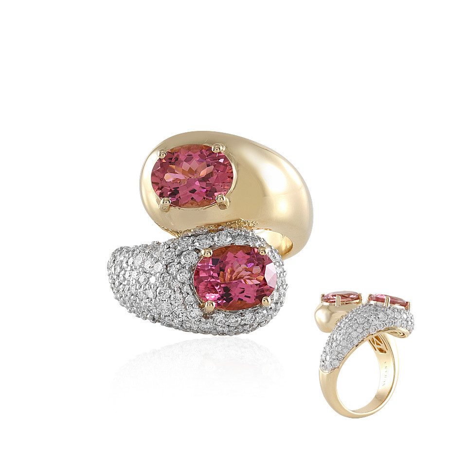 Diamantring Brasilianischer rosa Turmalin 585 Gold Ring, 4,63ct