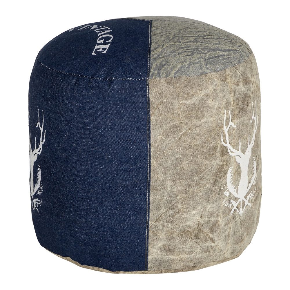 WOMO-DESIGN Pouf Sitzpouf Sitzhocker handgefertigt mit Baumwolle Füllung Fußhocker Puff, Sitzwürfel Natur/Blau aus Segeltuch/Jeans Runder Sitzkissen 35x43cm