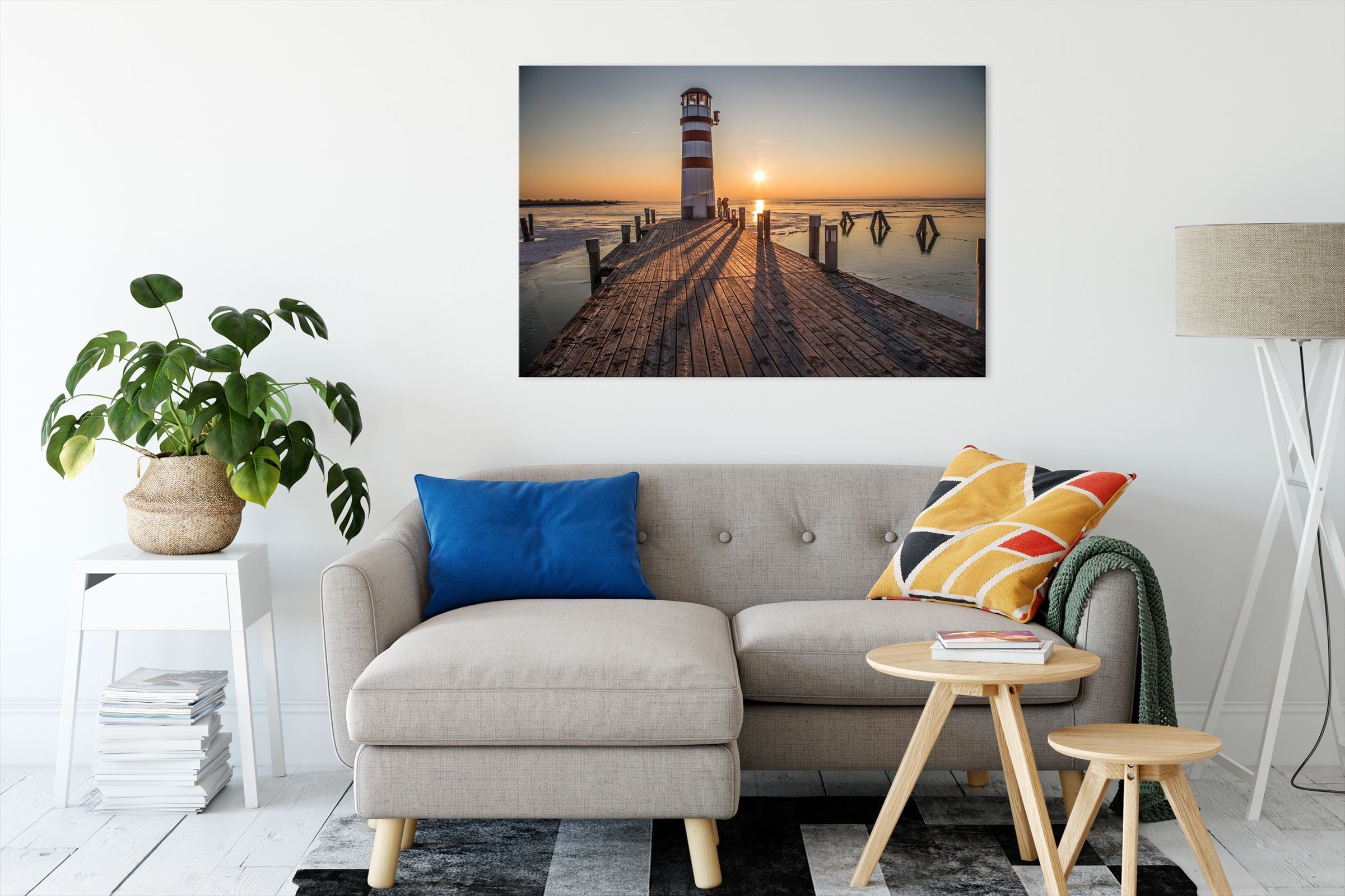 fertig (1 Sonnenuntergang, im Zackenaufhänger Sonnenuntergang Leinwandbild bespannt, St), Leinwandbild Leuchtturm im inkl. Pixxprint Leuchtturm