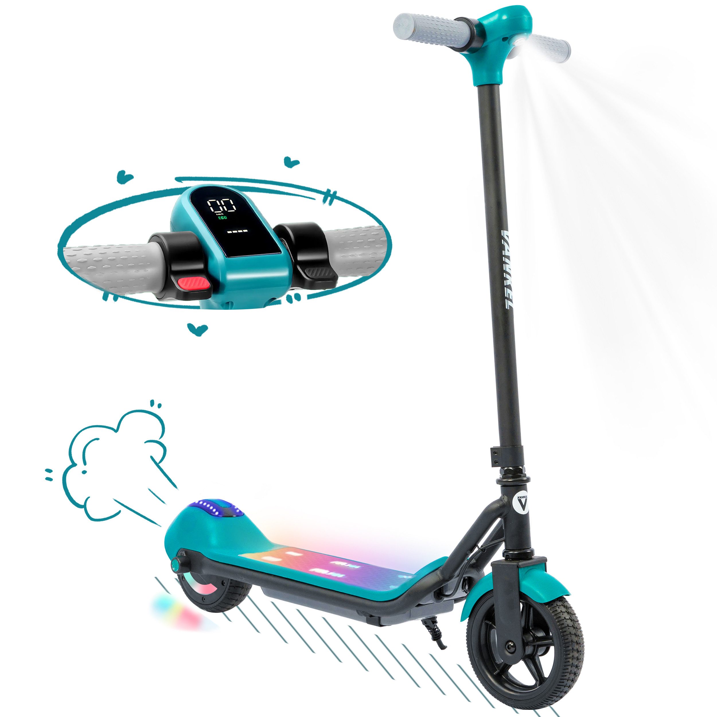 Vankel Cityroller E Scooter Kinder ab 6 Jahren, Elektro Kinderroller, Bluetooth, 8km, 14 km/h, E-Scooter, Cityroller mit Beleuchtung, LED-Display, farbige Lichter