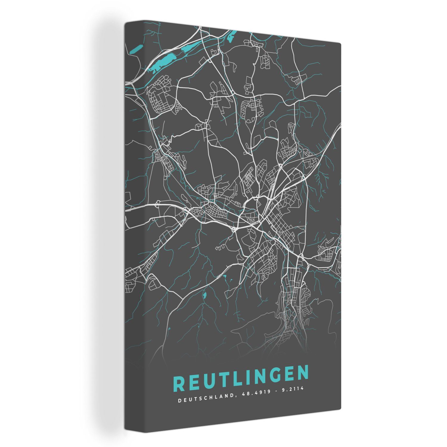 OneMillionCanvasses® Leinwandbild Stadtplan - Karte - Reutlingen - Blau - Deutschland - Karte, (1 St), Leinwandbild fertig bespannt inkl. Zackenaufhänger, Gemälde, 20x30 cm